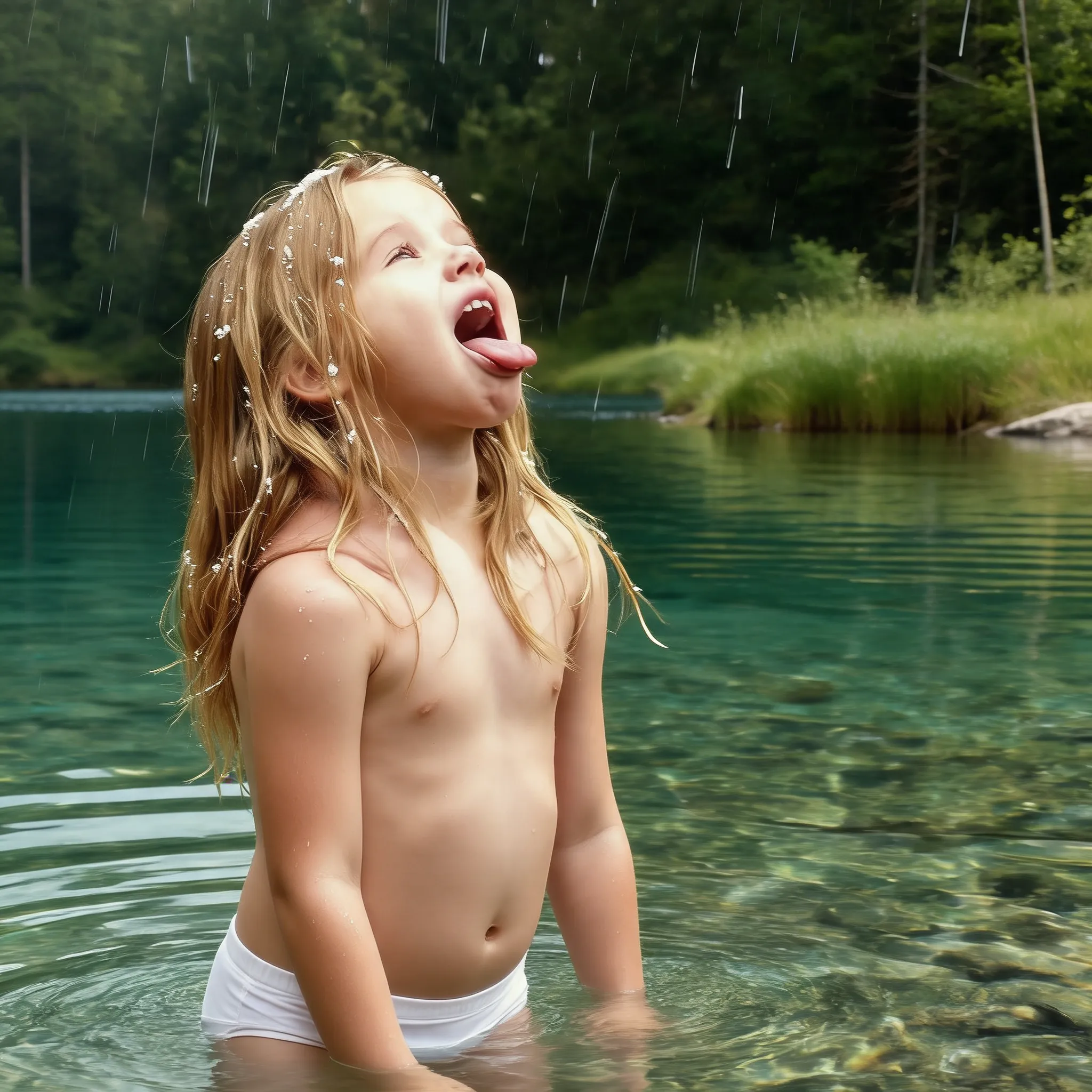 La niña sin ropa en calzon color blanco en el agua del lago cristalina del bosque
