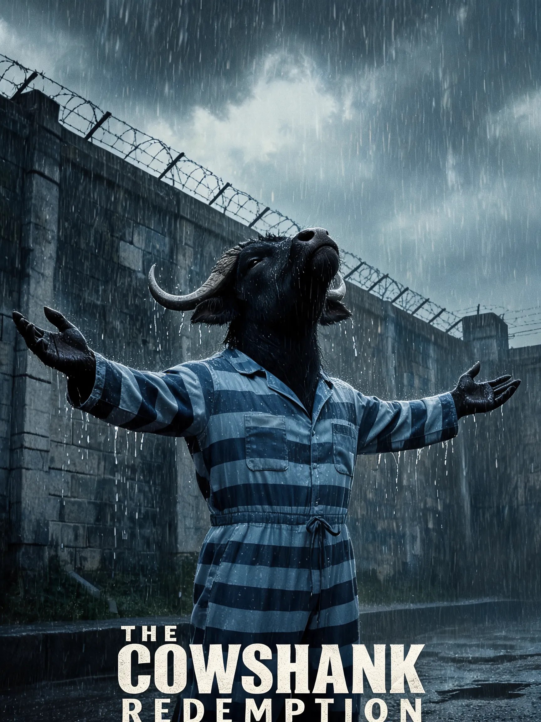 A parody tribute to the classic Hollywood film "The Shawshank Redemption," featuring an anthropomorphic black water buffalo wearing a blue prison jumpsuit, standing in a torrential rain with arms wide open, gazing upward at a 45-degree angle, raindrops dripping down its fur, with gloomy sky and prison walls in the background, movie title text at the bottom changed to "The Cowshank Redemption," film grain texture, dark tones, cinematic realism.