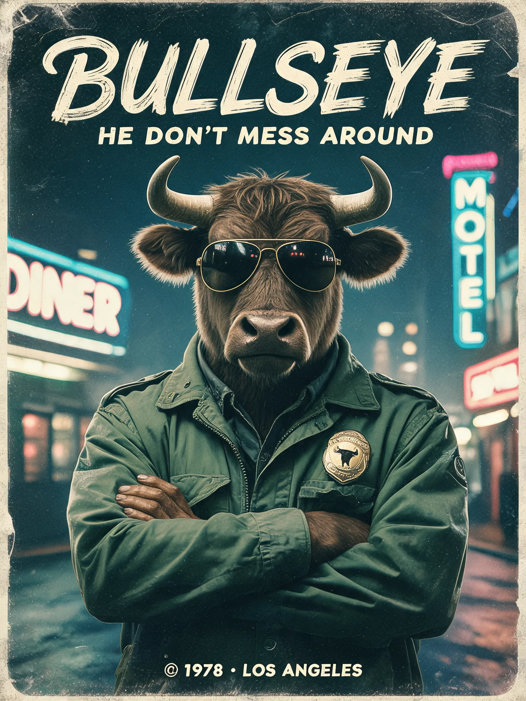 1970s American New Hollywood movie poster style, retro worn-out texture, a bovine character wearing retro pilot sunglasses and a military green jacket, arms crossed over chest, background is a blurry neon-lit city street at night, a round badge pinned to the chest, coarse grain noise and retro film fade effect, handwritten retro typography, cool color palette, low saturation, cinematic poster composition.