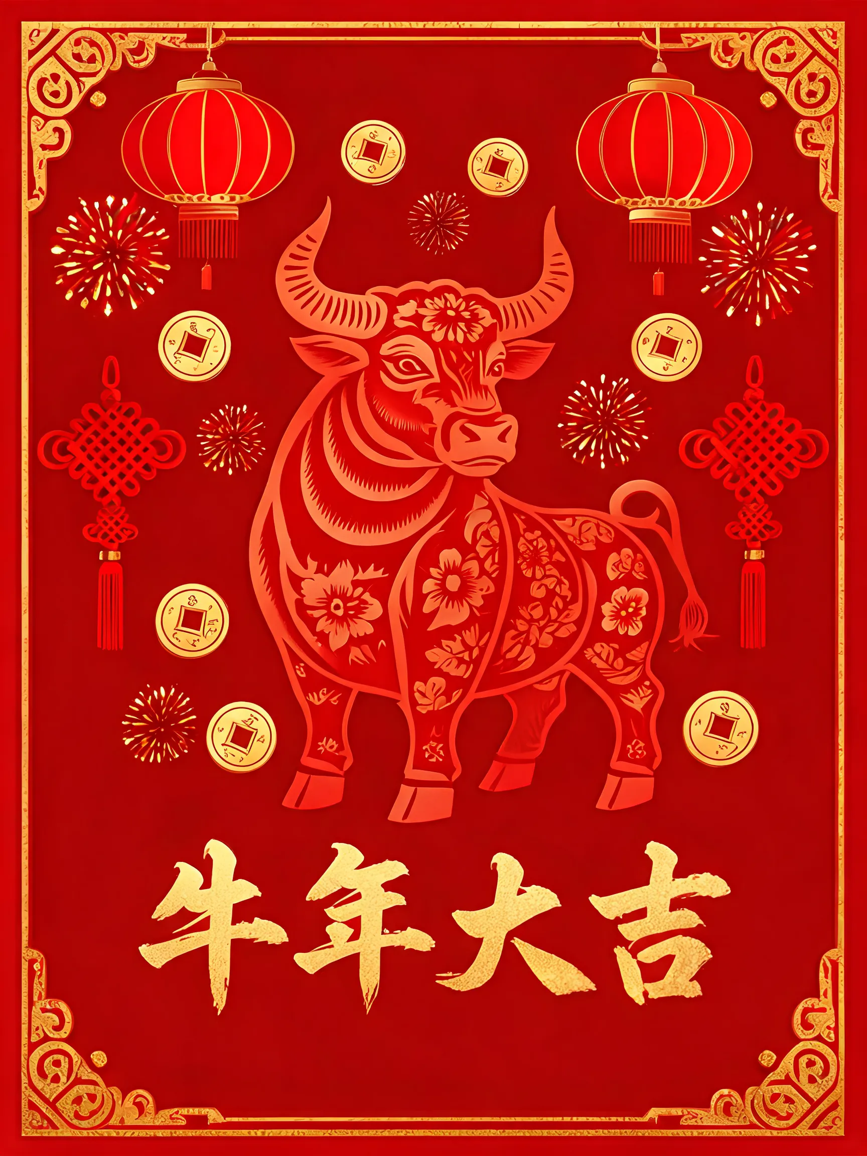 Chinese Lunar New Year Year of the Ox themed poster, paper-cut art style, a mighty red paper-cut ox at the center, surrounded by red lanterns, Chinese knots, golden coins, and bursting fireworks, deep red background with golden borders, "牛年大吉" (Happy Year of the Ox) in traditional Chinese calligraphy at the bottom, symmetrical composition, vibrant and intense colors, festive and joyful atmosphere, vector illustration quality.