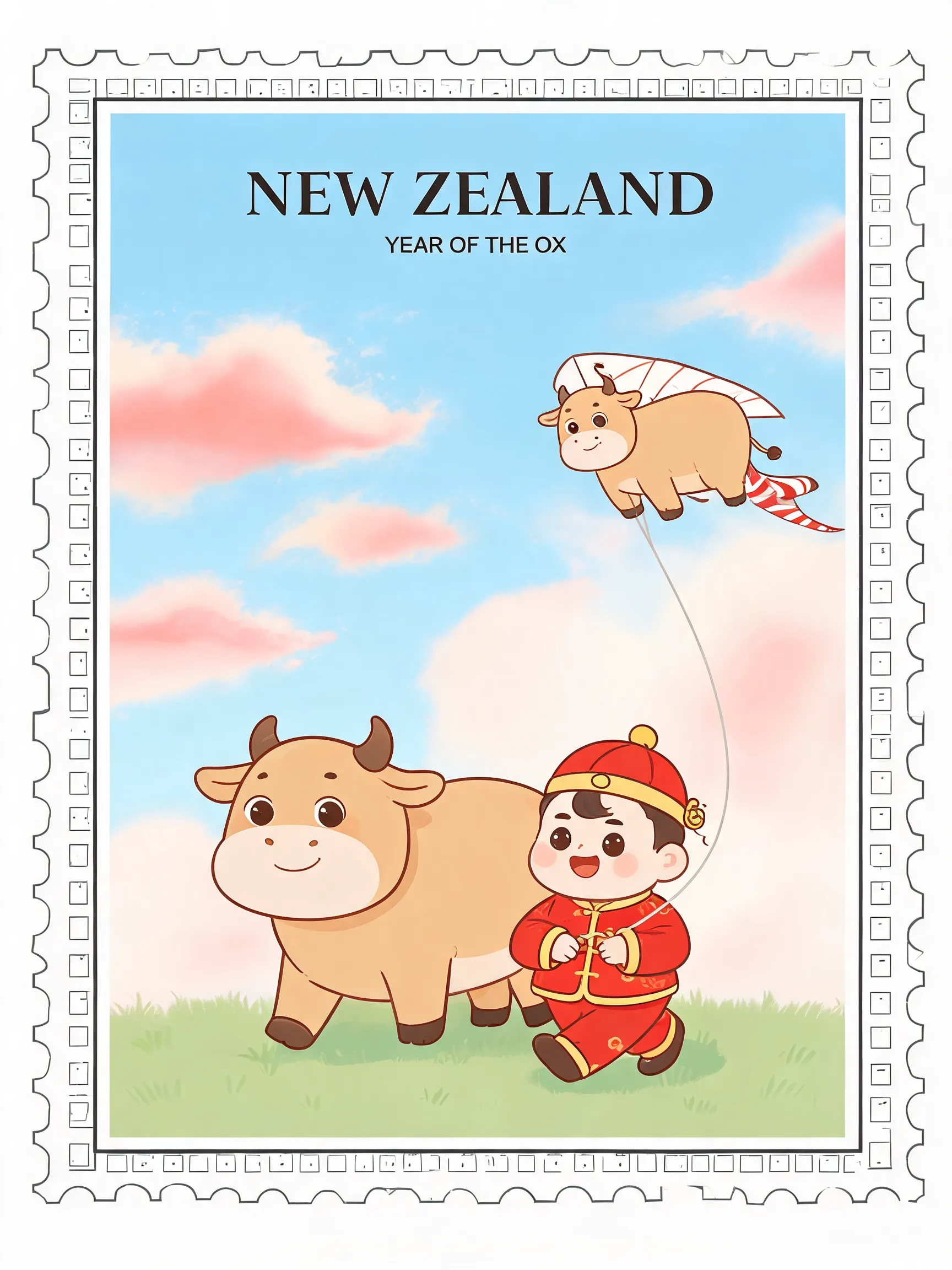 Modern New Zealand zodiac stamp illustration style, a chubby and adorable little ox walking alongside a cute baby dressed in traditional red festive clothing, the baby holding an ox-shaped kite, background in soft blue and gentle red clouds, clean flat illustration style with soft lines, warm and bright colors, square border with traditional calendar grid elements, conveying a sense of freedom, luck, and new beginnings.