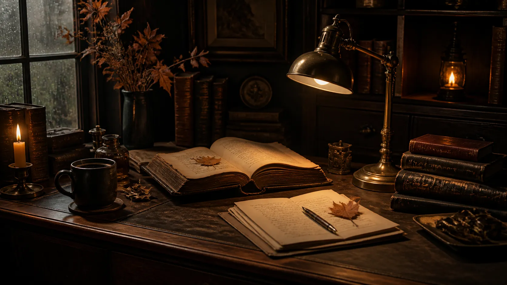 A moody dark academia desk scene, old wooden desk with open antique books, brass lamp, handwritten notes, black coffee, dried autumn leaves, candlelight, deep brown and burgundy color palette, cinematic editorial lighting, tactile film grain, sophisticated cozy fall atmosphere, suitable for YouTube background, blog header, newsletter banner, no people, no text, no logo, no watermark Negative prompt: cute, childish, bright cartoon, messy clutter, unreadable text, fake stock photo, blurry, low quality, watermark, logo --ar 16:9