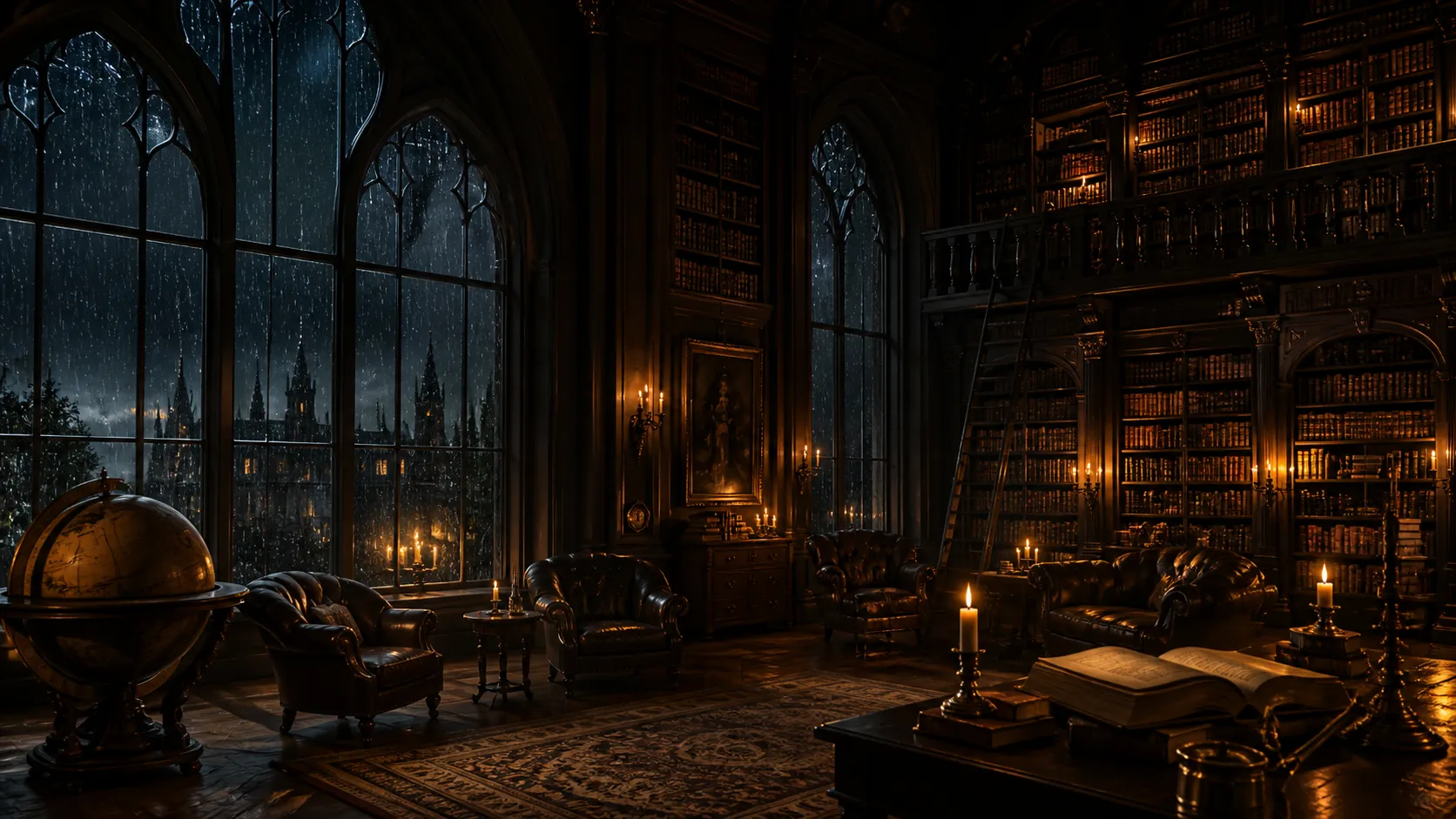 A cinematic gothic library interior at night, tall dark wooden bookshelves, arched windows, rain outside, warm candlelight, leather chairs, antique globe, subtle dust in the air, elegant dark academia atmosphere, painterly realistic style, premium home decor wall art, suitable for Frame TV art and digital wall display, no people, no text, no logo, no watermark Negative prompt: cute, modern office, fantasy castle, horror monster, messy shelves, distorted architecture, blurry, low quality, text, logo, watermark --ar 16:9