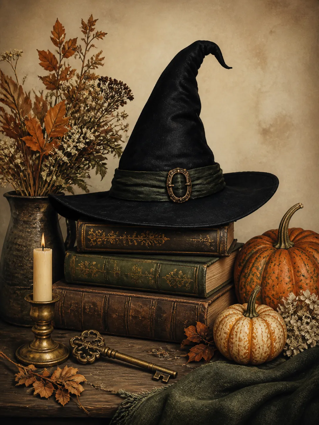 A tasteful vintage autumn witch wall art illustration, black pointed hat resting on old books, dried flowers, brass key, candle, small pumpkins, muted burnt orange, cream, charcoal and deep green palette, elegant spooky fall decor, not childish, not scary, suitable for Etsy printable wall art and seasonal home decor, no text, no logo, no watermark Negative prompt: cute cartoon witch, horror gore, cheesy Halloween, bright neon colors, messy composition, blurry, low quality, text, logo, watermark --ar 3:4