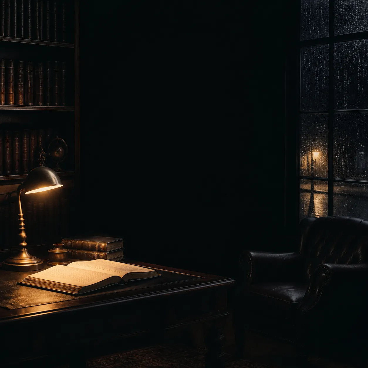 A dark literary podcast cover background, empty reading room at midnight, single desk lamp illuminating an open book, shadowy bookshelves, rain-streaked window, mysterious but elegant atmosphere, noir editorial photography style, square composition with empty center space for title placement, no people, no text, no logo, no watermark Negative prompt: cute, gore, horror monster, colorful cartoon, distorted room, overexposed light, blurry, low quality, text, logo, watermark --ar 1:1
