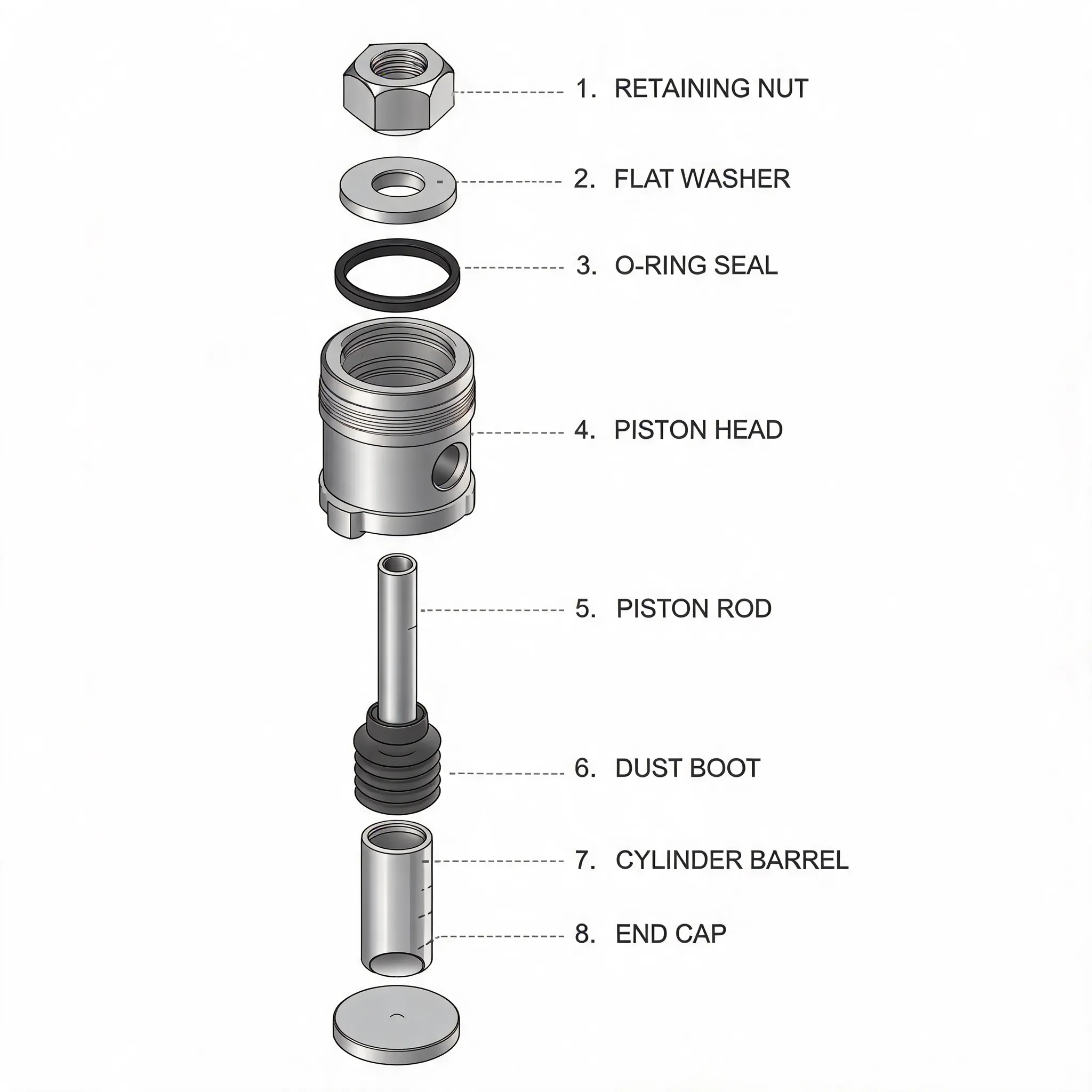 Industrial parts assembly, mechanical visualization, engineering details, exploded view