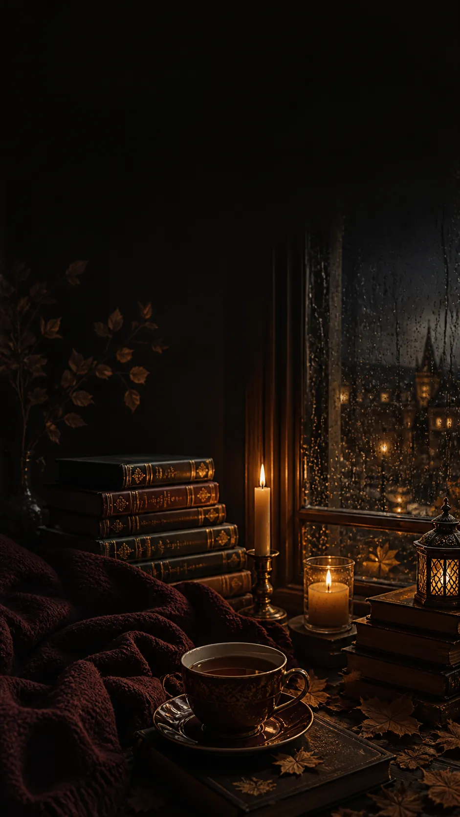 A vertical dark academia phone wallpaper, candlelit window nook with stacked books, rain outside, warm tea cup, wool blanket, dried leaves, deep brown, black, burgundy and gold tones, cozy moody autumn atmosphere, elegant cinematic composition, empty space near the top for phone icons, no people, no text, no logo, no watermark Negative prompt: cute, childish, cluttered room, bright pastel colors, horror, distorted objects, blurry, low quality, text, logo, watermark --ar 9:16