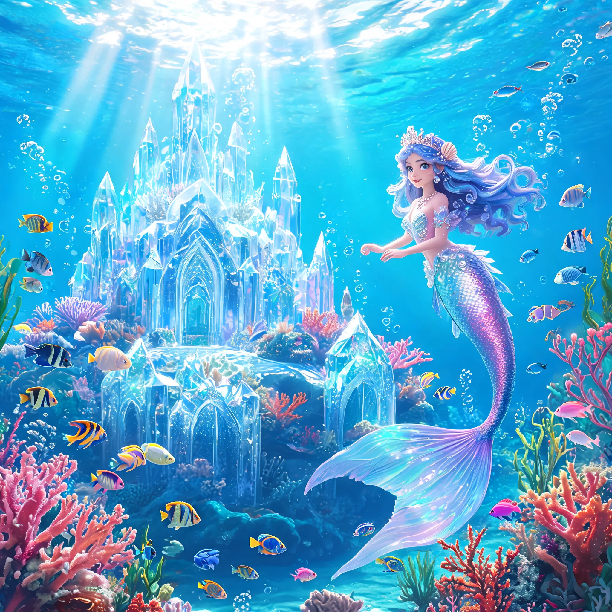 Mermaid princess in crystal palace, tropical fish and coral, sunlight through water surface