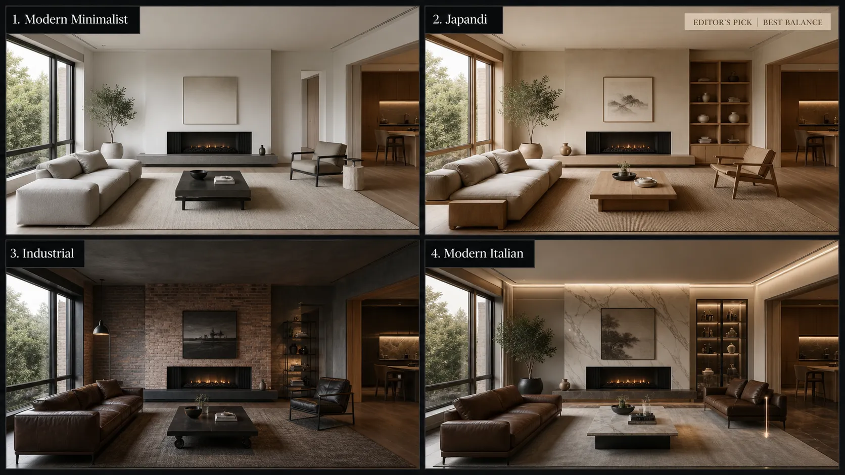 Create a premium editorial comparison graphic showing the results of an AI interior design style test. 16:9 landscape. Use four consistent photographs of the same living room, each redesigned in a different interior style. 1. Modern Minimalist: clean, bright, neutral, restrained furniture, strong product visibility. 2. Japandi: warm natural materials, light oak, beige plaster, linen textures, soft daylight, balanced composition. This version should feel the most harmonious and visually cohesive. 3. Industrial: dark steel, exposed brick, leather furniture, moody lighting, stronger contrast. 4. Modern Italian: marble, sleek leather furniture, refined architectural lighting, warm luxury atmosphere. Visually emphasize the Japandi result subtly with a refined editorial indicator such as: “BEST BALANCE” or “EDITOR’S PICK” The indicator should be understated and premium, not promotional. All four images must maintain the same room architecture, camera perspective, window placement, and spatial proportions. High-end interior editorial photography, realistic textures, accurate lighting, sophisticated visual hierarchy. No people, no brand logos, no watermark.