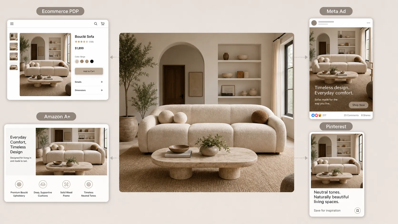 Create a premium ecommerce marketing visualization demonstrating how an AI Room Planner can turn one room photo into multiple commercial lifestyle assets. 16:9 landscape. CENTER: A sophisticated realistic living room scene featuring a premium beige boucle sofa as the main product. Around the central room image, show four clean marketing asset previews: 1. ECOMMERCE PRODUCT PAGE: a polished furniture product page featuring the lifestyle image. 2. AMAZON A+ CONTENT: a premium ecommerce content module using the same interior lifestyle scene. 3. META AD CREATIVE: a polished social media advertising creative featuring the room scene in a vertical format. 4. PINTEREST CREATIVE: a vertical lifestyle inspiration graphic using the same interior scene. The visual concept should communicate asset scalability: one original room source image transformed into multiple marketing applications. Maintain consistent furniture appearance, materials, room architecture, and visual identity across all assets. Premium ecommerce editorial aesthetic, realistic interior photography, sophisticated UI mockup presentation, clean composition, subtle neutral palette. Minimal readable labels: “Ecommerce PDP” “Amazon A+” “Meta Ad” “Pinterest” No real brand logos, no people, no watermark.