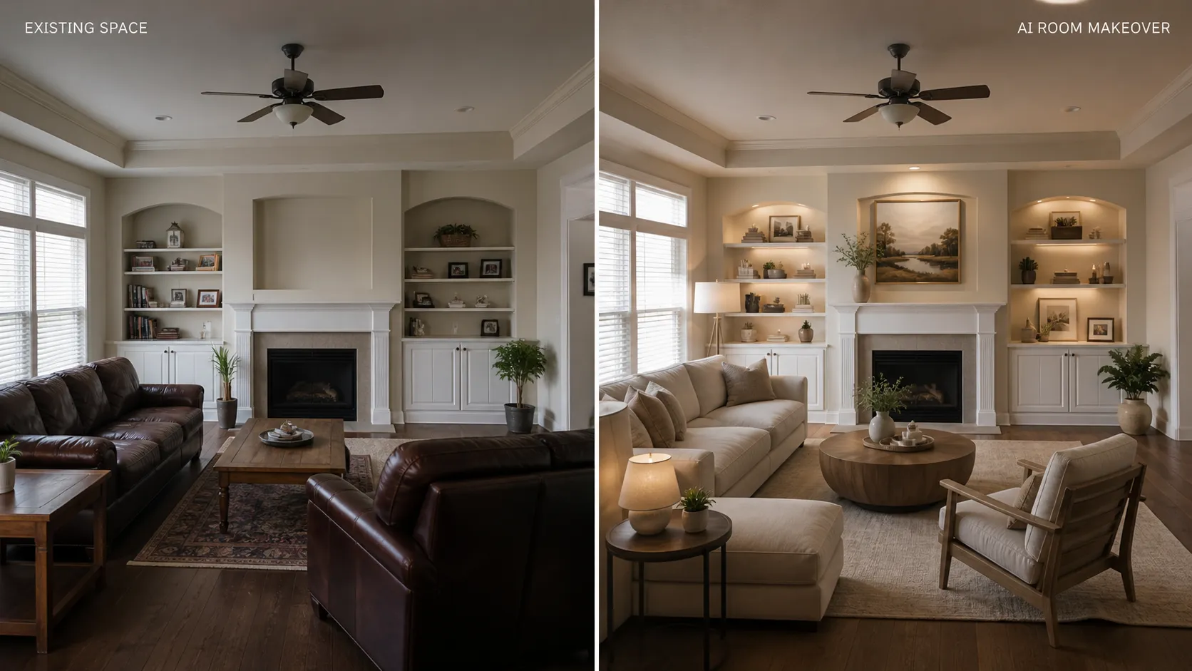 Create a photorealistic before-and-after interior makeover visualization for a homeowner using an AI Room Planner. 16:9 landscape. LEFT: An ordinary slightly outdated living room photographed naturally with existing furniture, neutral walls, basic lighting, and a somewhat plain atmosphere. The room should feel realistic and lived-in, not messy. RIGHT: The exact same room with its architecture preserved but redesigned into a sophisticated warm modern interior. Maintain: same walls, same windows, same room proportions, same camera angle, same architectural structure. Change: furniture arrangement, decor, wall finish, lighting atmosphere, textiles, color palette, and styling. The redesigned room should feature warm neutral colors, contemporary furniture, natural wood accents, soft layered lighting, tasteful artwork, and a refined but realistic residential atmosphere. Add subtle labels: “EXISTING SPACE” “AI ROOM MAKEOVER” Photorealistic residential interior photography, realistic materials and shadows, premium home-design editorial aesthetic. No people, no logos, no watermark.