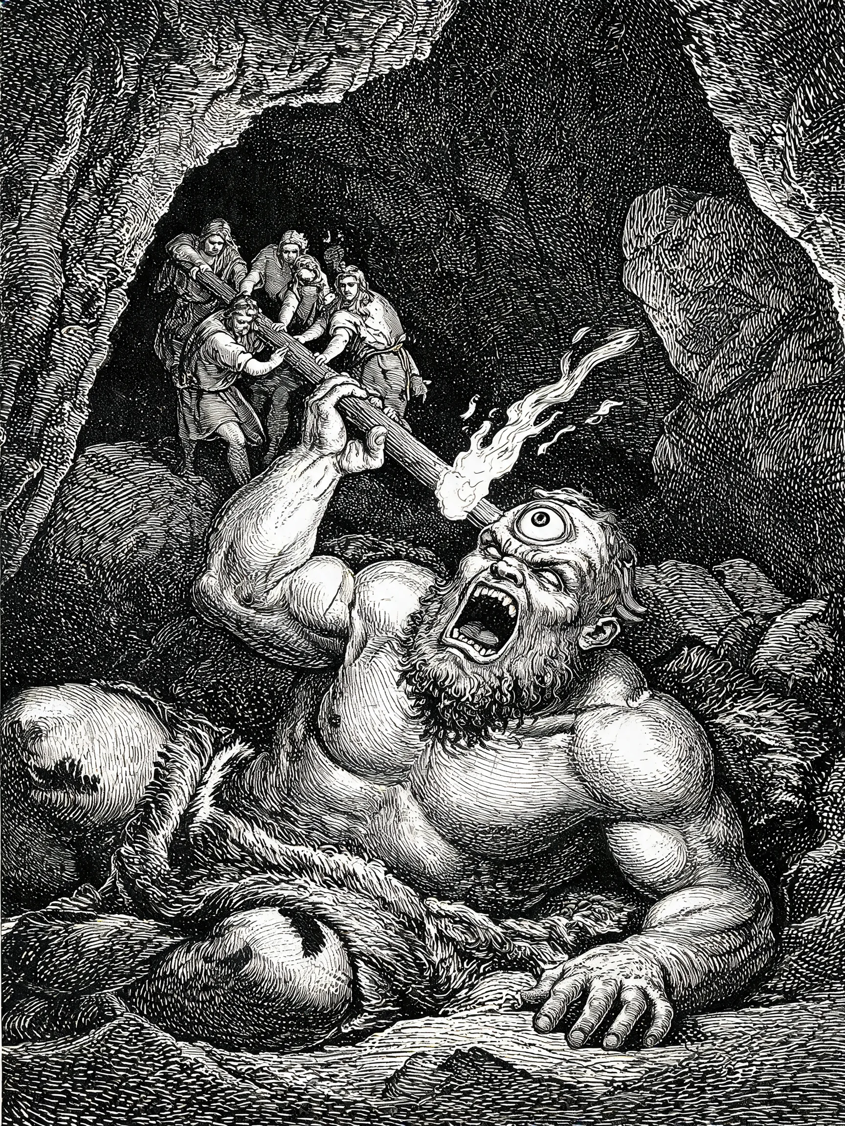 High contrast black and white woodcut style, Odysseus and his men stabbing a fiery wooden pole into the eye of the Cyclops Polyphemus, the giant lying on his bed roaring in agony, dramatic shadows and cross-hatching lines, rugged texture, intense action pose, strong chiaroscuro, ancient cave setting