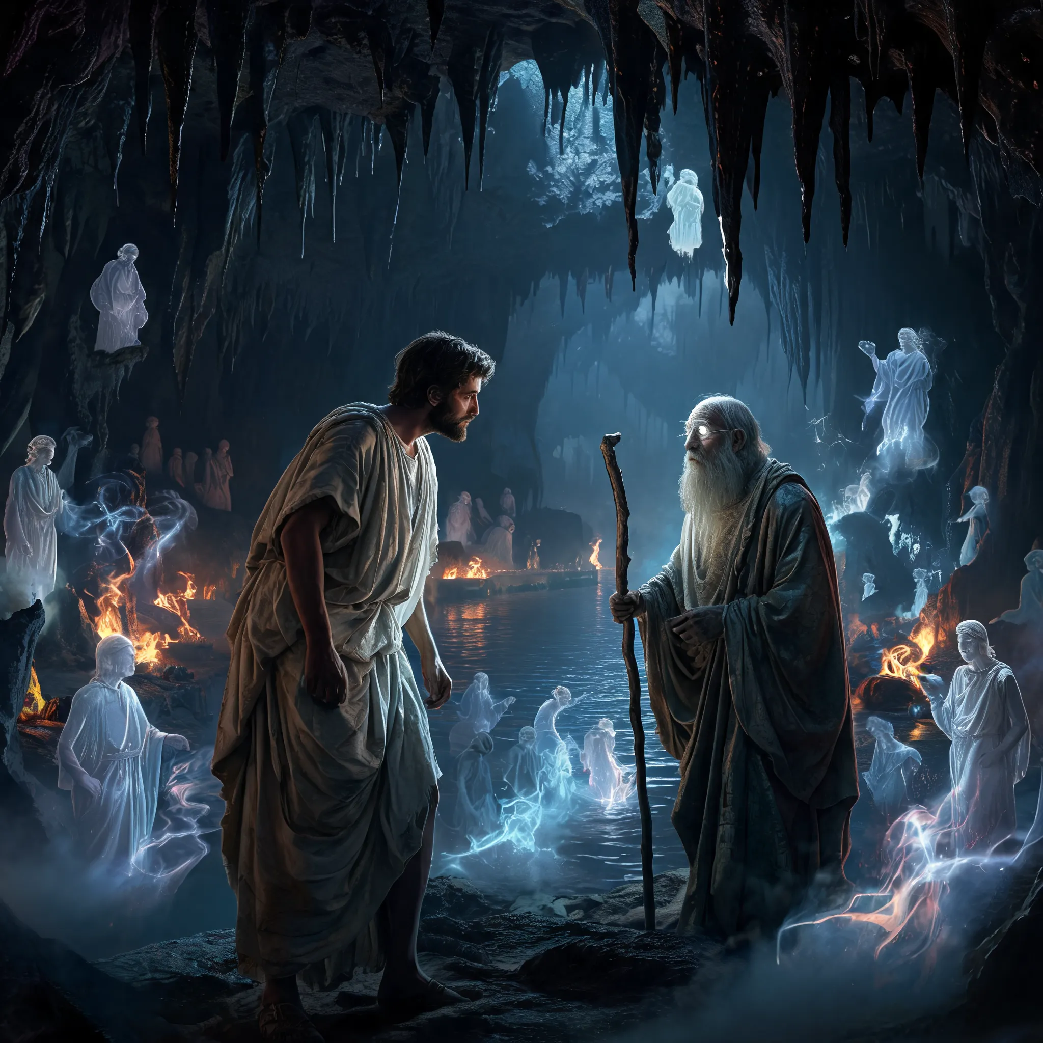 Dark gothic fantasy, Odysseus in the underworld speaking to the prophet Tiresias, ethereal ghosts and souls drifting around, River Styx in the background, eternal flames flickering, eerie glow, high contrast between light and shadow, detailed cavern with stalactites, ancient Greek robes, hauntingly beautiful, 8k