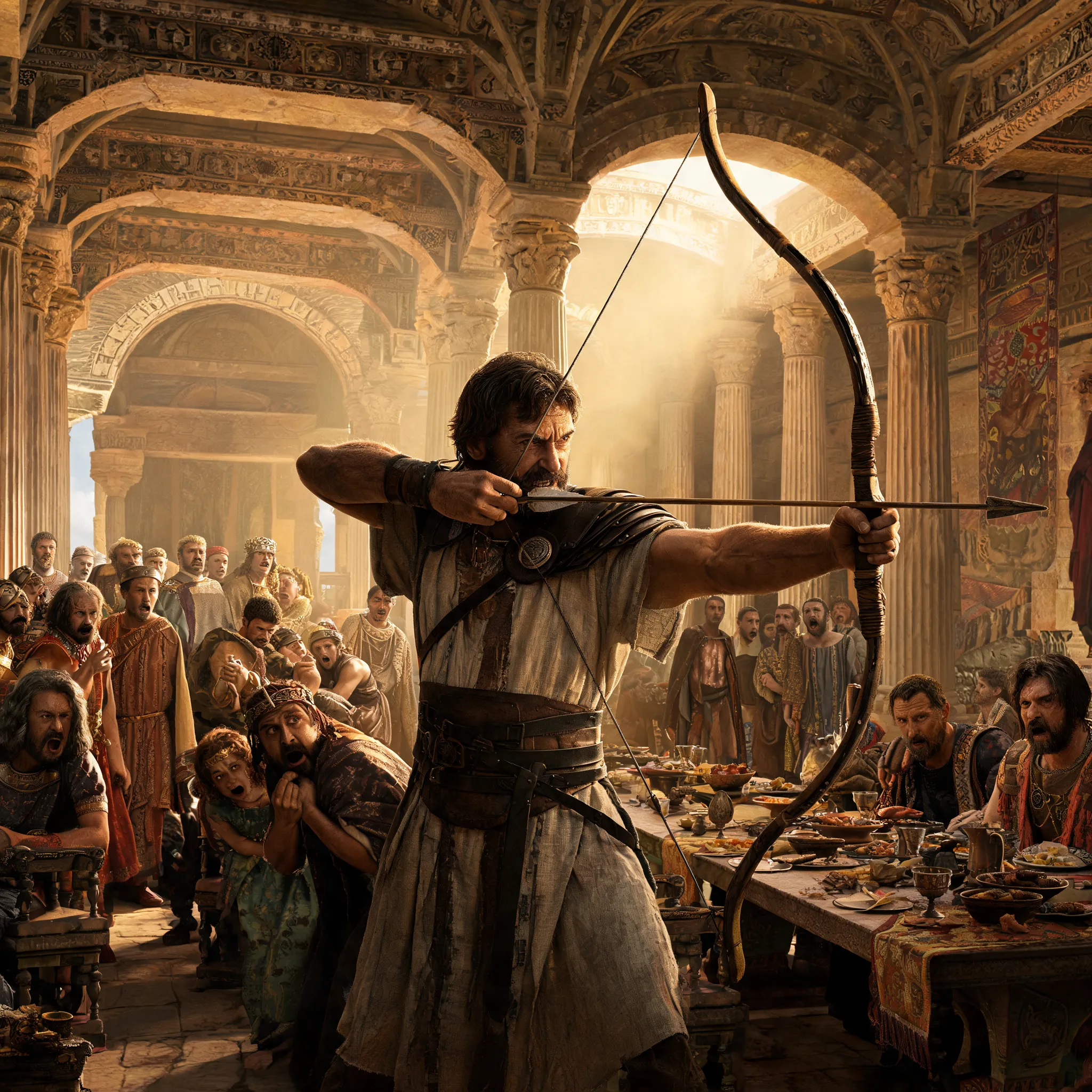 Cinematic realistic shot, Odysseus drawing his great bow in the grand hall of his palace in Ithaca, suitors cowering before him, dramatic ray of light shining through columns, intense expression of determination, detailed Greek architecture, historical accuracy, warm golden lighting, action scene, ultra high definition