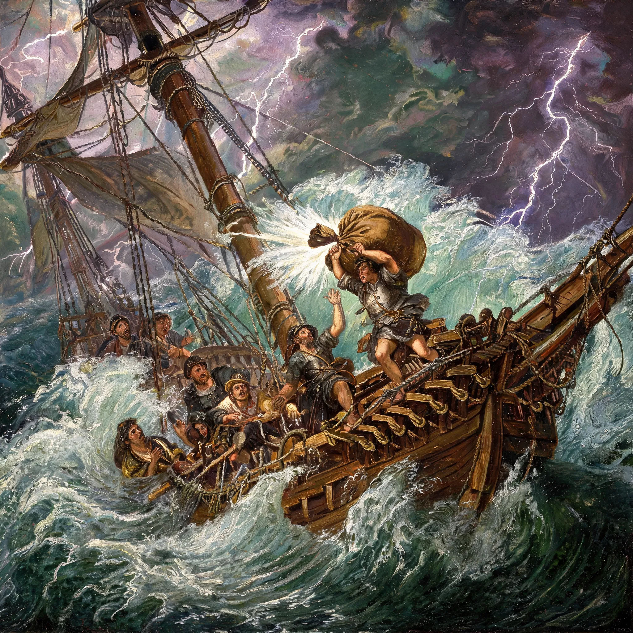 Dramatic oil painting style, Odysseus' ship caught in a catastrophic hurricane, crew members opening the bag of winds in panic, sky turning dark purple and green, massive lightning bolts striking the churning sea, waves towering over the mast, desperate faces, chiaroscuro lighting, thick impasto brushstrokes, Baroque painting influence, high contrast, dynamic composition, dramatic sky