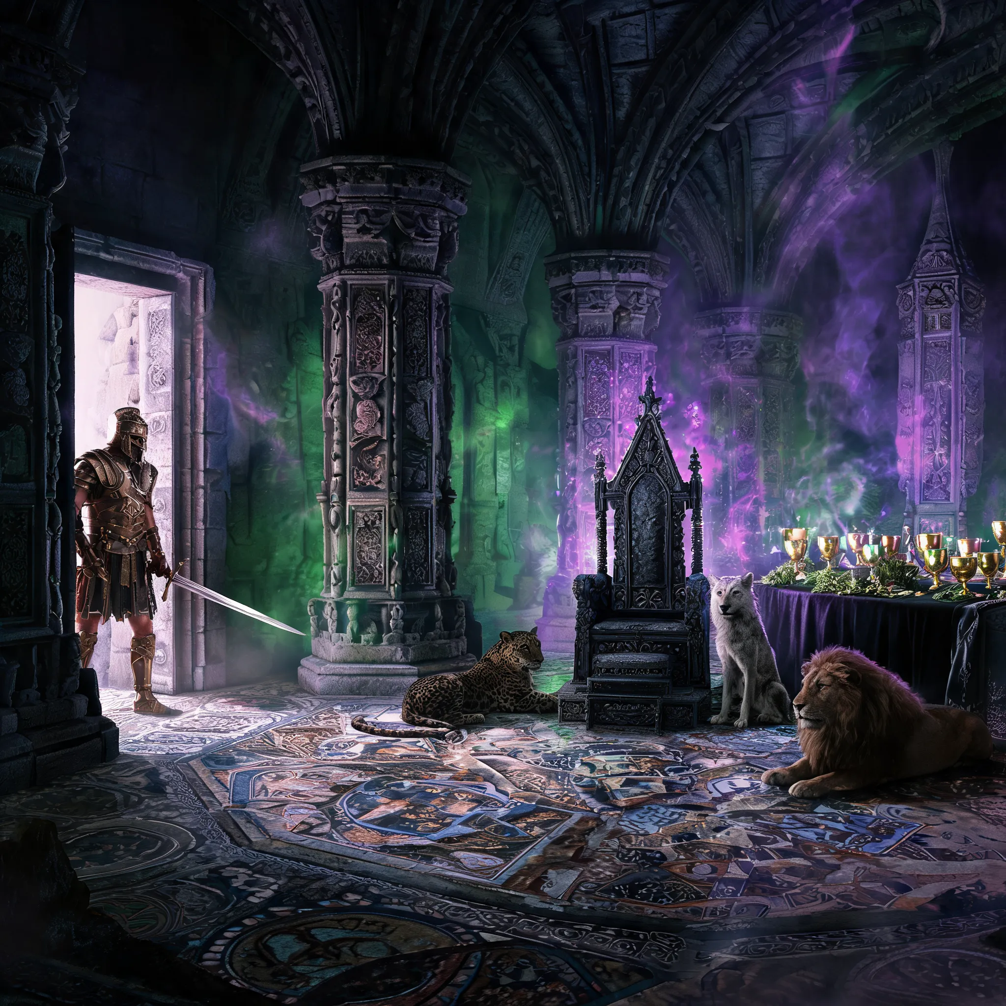 Gothic fantasy interior, Circe's stone palace glowing with eerie purple and green magical light, wild beasts tamed around the throne, enchanted banquet table with golden goblets and herbs, Odysseus standing at the doorway with sword drawn, mystical smoke swirling, intricate mosaic floor, ornate ancient columns, horror and beauty merged, detailed textures, cinematic depth of field, misty atmosphere