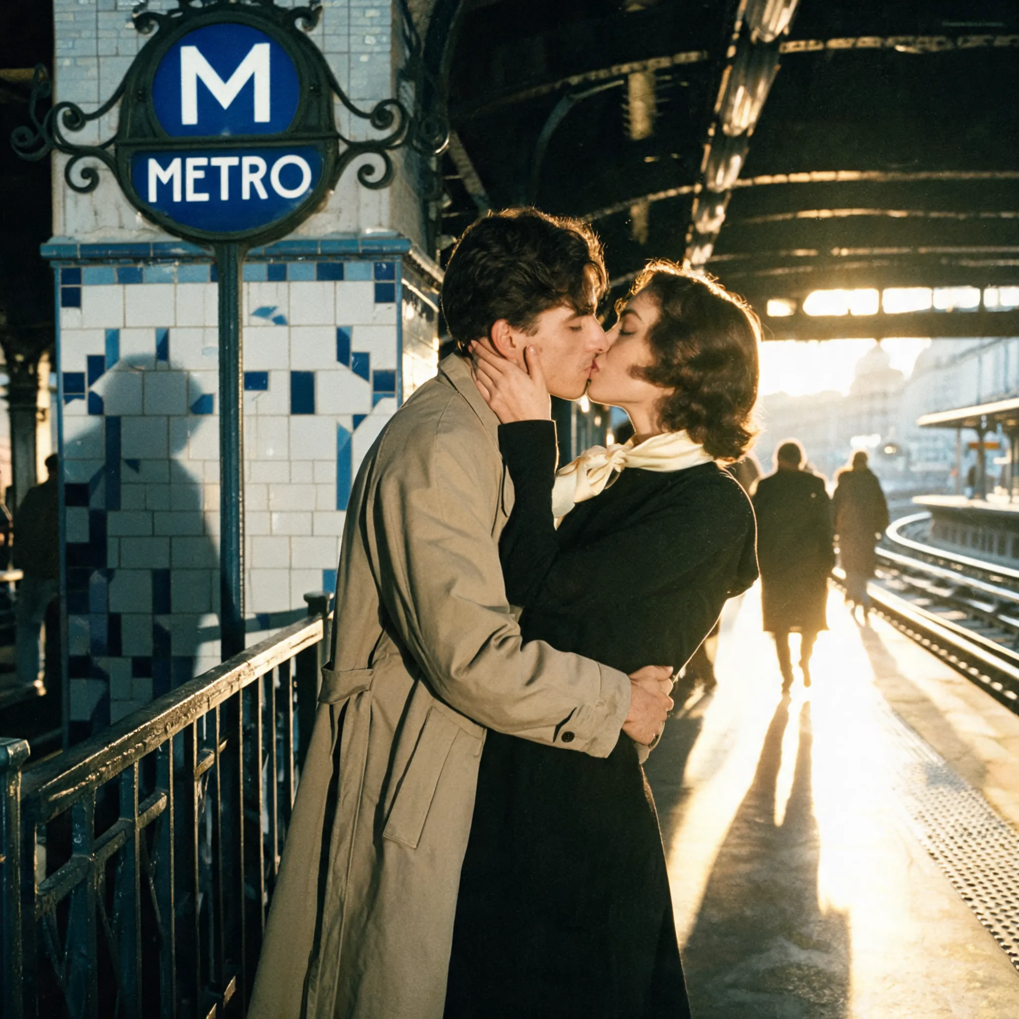 Paris metro station romance, vintage film texture, French New Wave cinematography, interplay of light and shadow, romantic color grading
