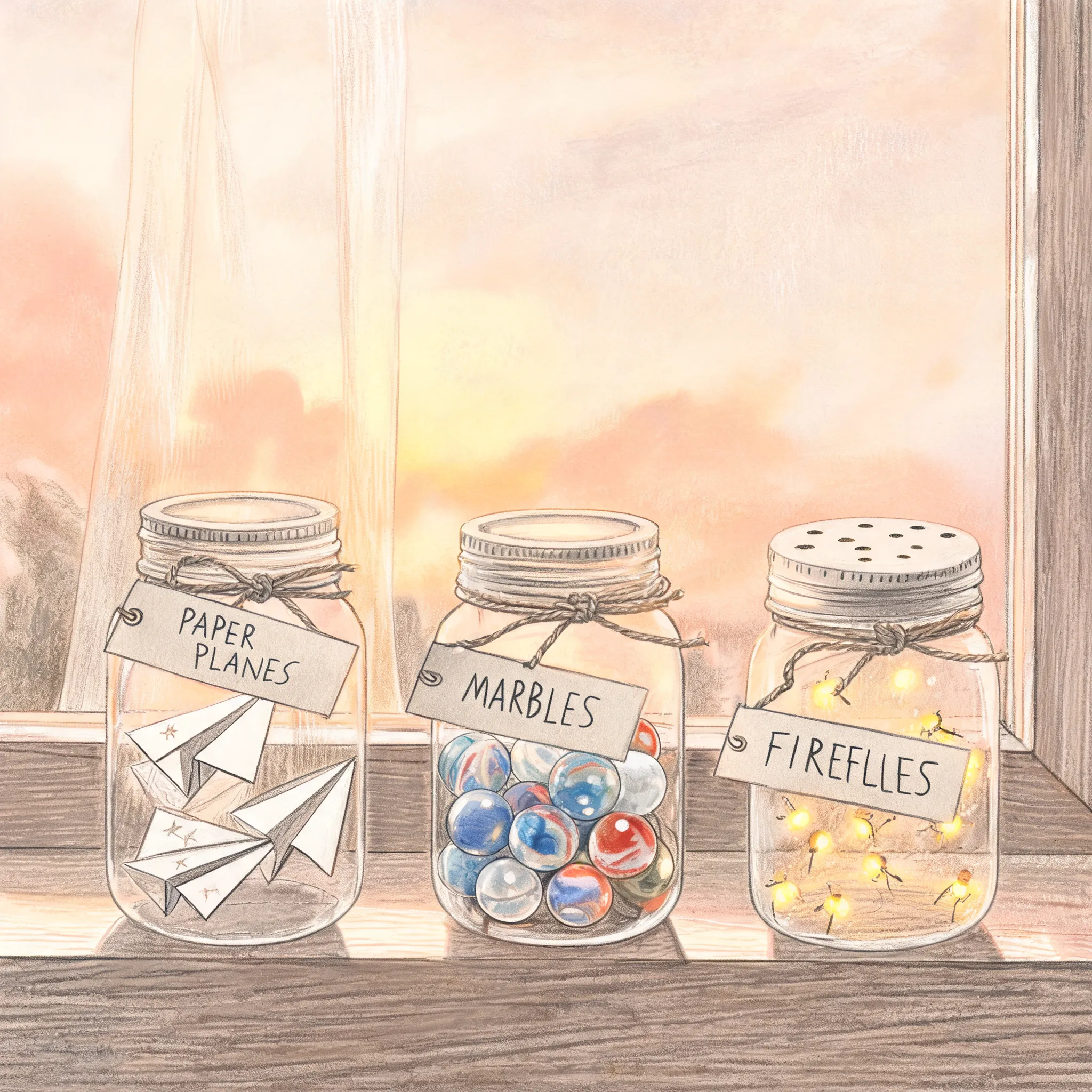 Collection of childhood memories in mason jars: paper planes, marbles, fireflies, delicate pencil details