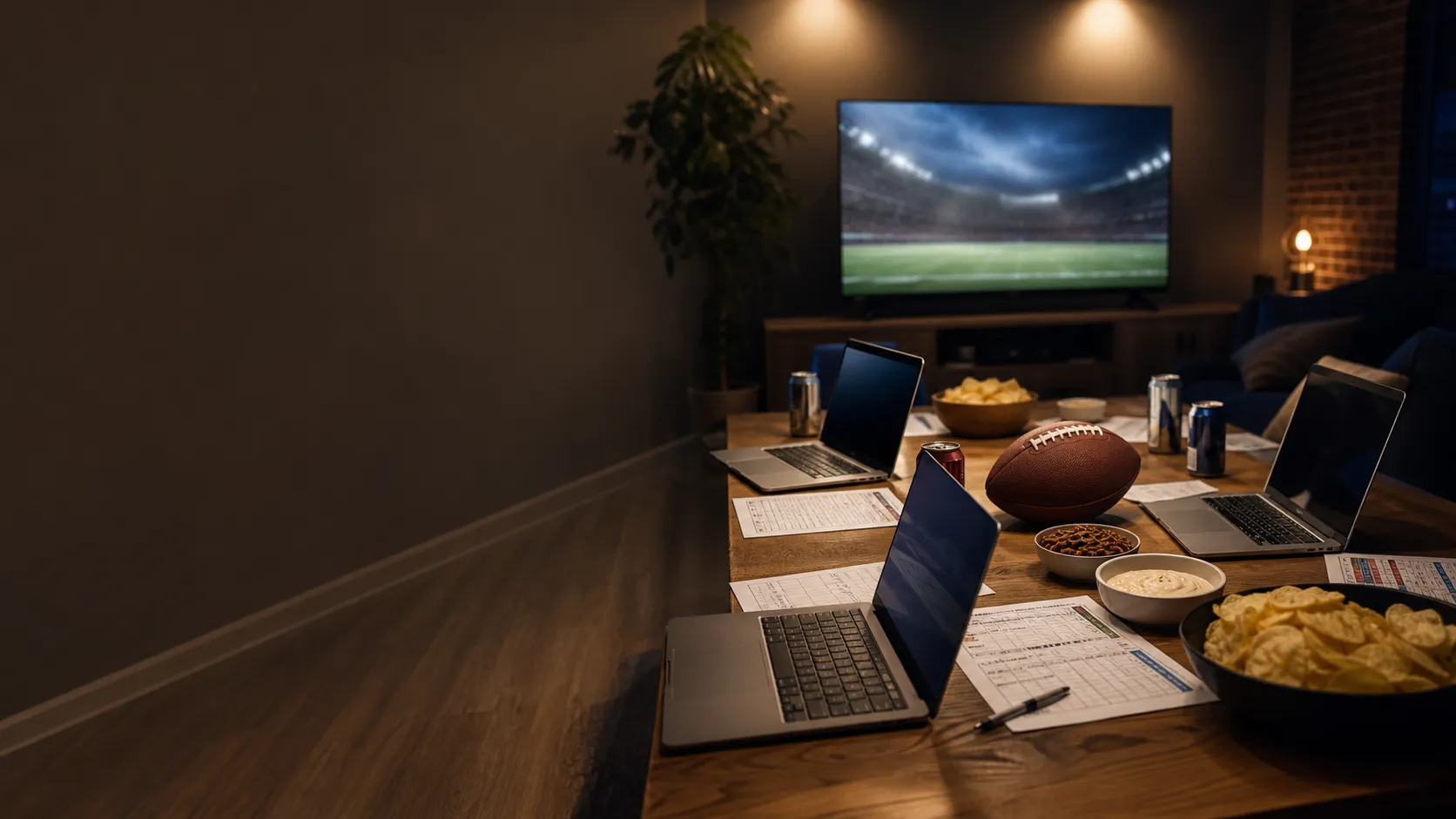 A cinematic fantasy football draft night background, modern living room with multiple laptops, paper draft notes, snacks, cold drinks, football on the table, TV screen glow without any readable logos, warm evening light, competitive but casual atmosphere, realistic editorial photography style, empty space on the left side for title text, suitable for fantasy football YouTube thumbnail, blog header, league invite, no team logos, no text, no watermark Negative prompt: NFL logo, team logos, readable brand names, distorted laptops, awkward hands, messy clutter, blurry, low quality, fake stock photo, text, logo, watermark --ar 16:9