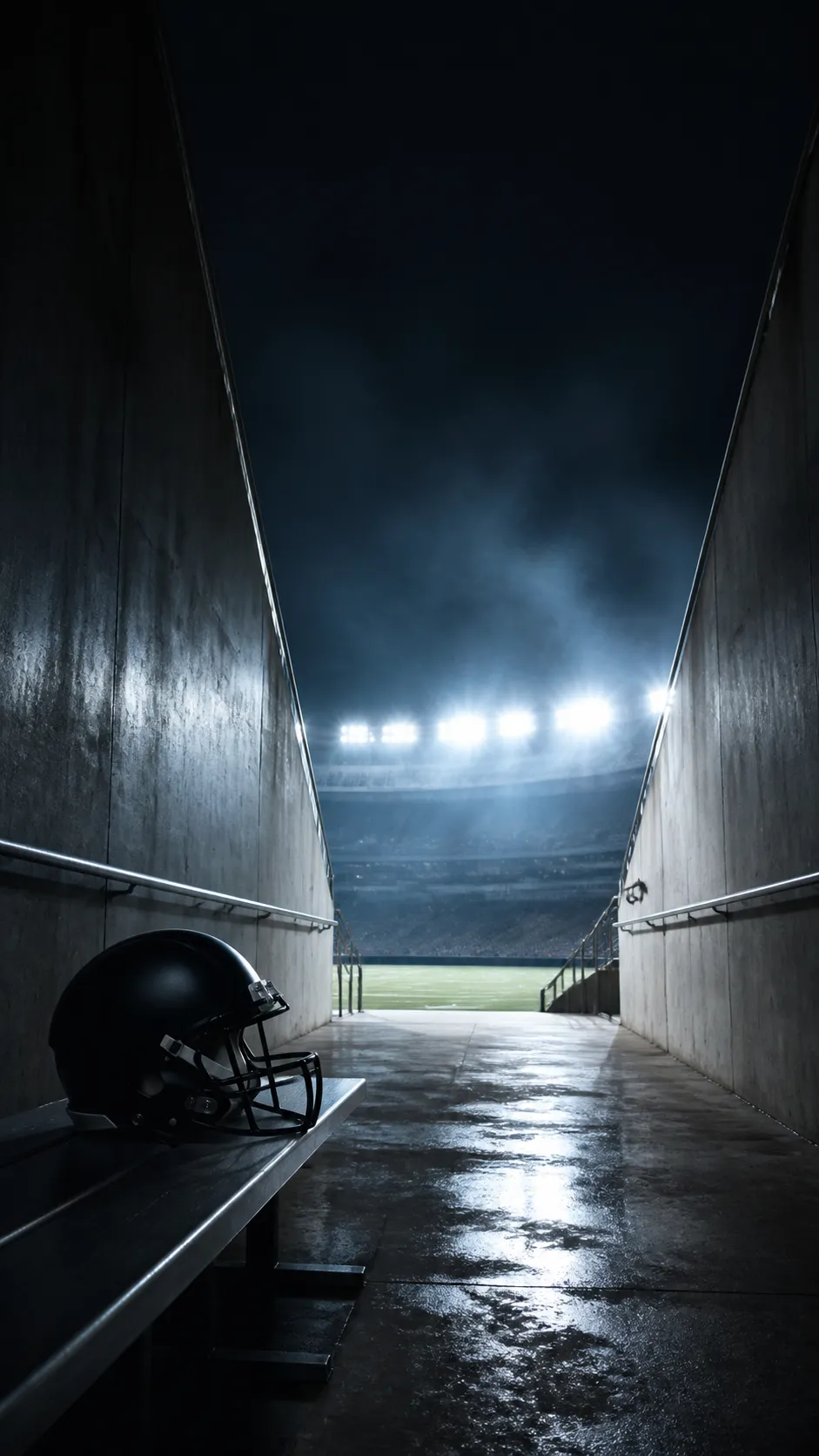 A vertical cinematic phone wallpaper of an empty football stadium tunnel at night, bright field lights glowing at the end of the tunnel, concrete walls, subtle mist, one football helmet silhouette on a bench without any logo, intense pre-game atmosphere, realistic editorial sports photography, clean vertical composition with empty space near the top for phone icons, no team logos, no text, no watermark Negative prompt: NFL logo, team logos, readable text, players, distorted helmet, horror mood, blurry, low quality, watermark --ar 9:16