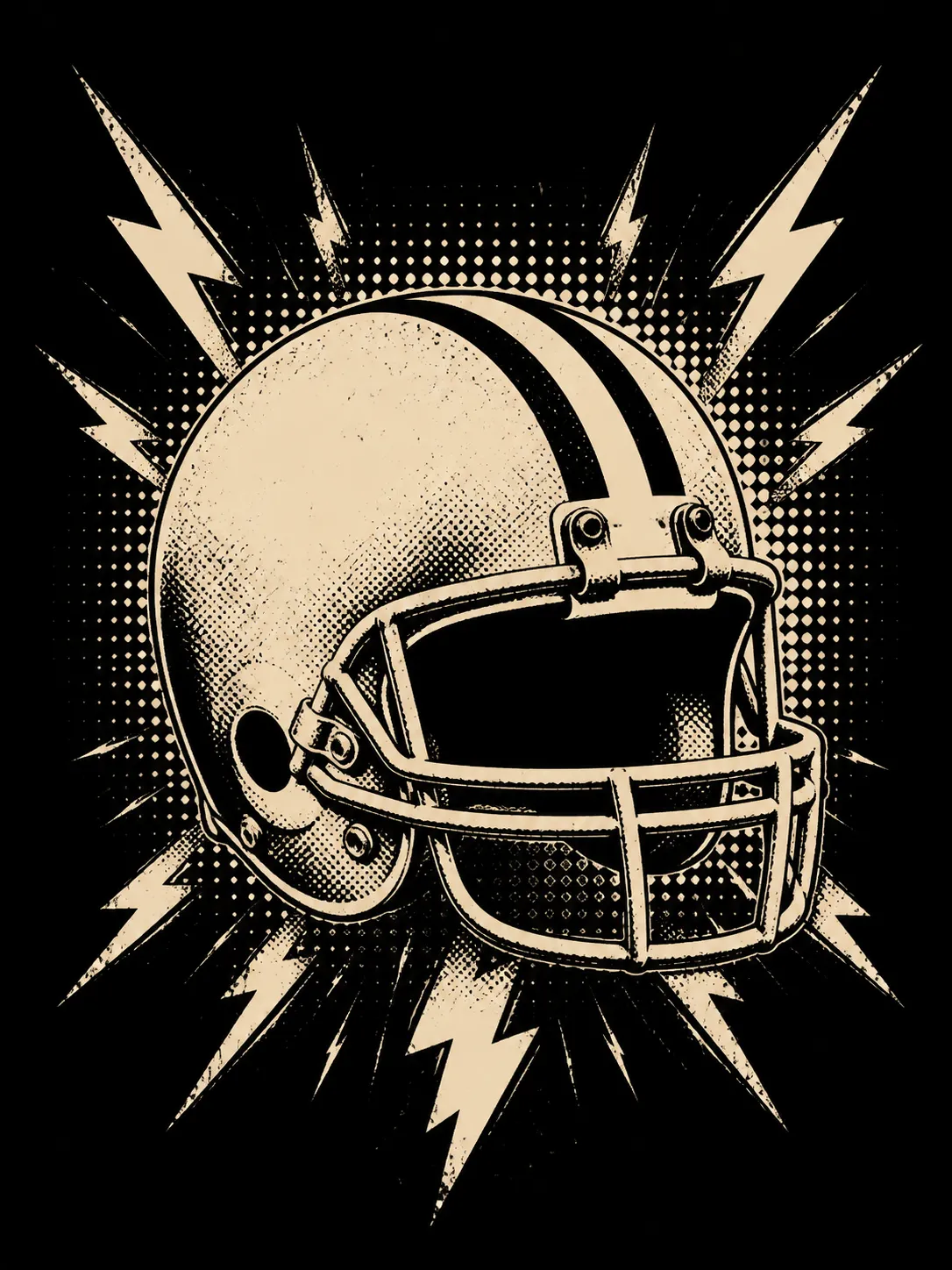 A bold vintage American football streetwear graphic, black and cream distressed screenprint illustration of a classic football helmet, lightning bolts, rough halftone texture, worn ink effect, strong centered composition, retro sports apparel aesthetic, suitable for print-on-demand t-shirt design, no team logos, no text, no watermark Negative prompt: NFL logo, team logos, readable words, modern brand marks, photorealistic helmet, messy details, low contrast, blurry, low quality, watermark --ar 3:4