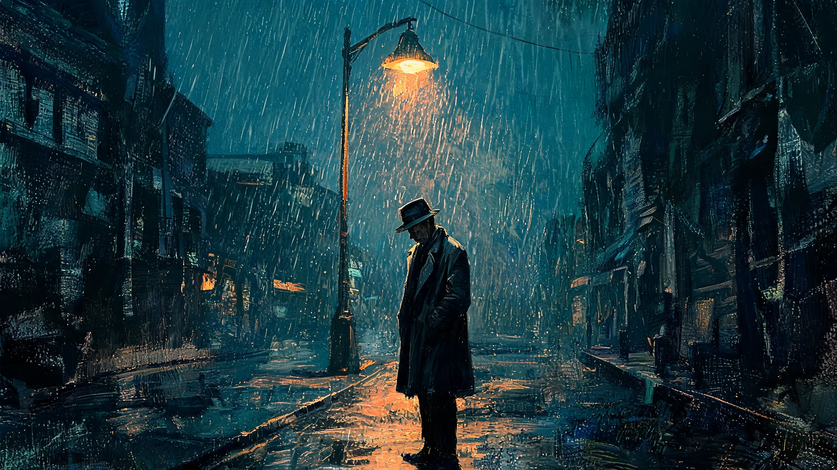 A lonely detective standing under a flickering streetlamp in the rain, thick oil painting strokes, noir atmosphere, teal and amber color palette, melancholic mood, expressionist style, rough texture, heavy shadows, cinematic lighting, introspection, despair