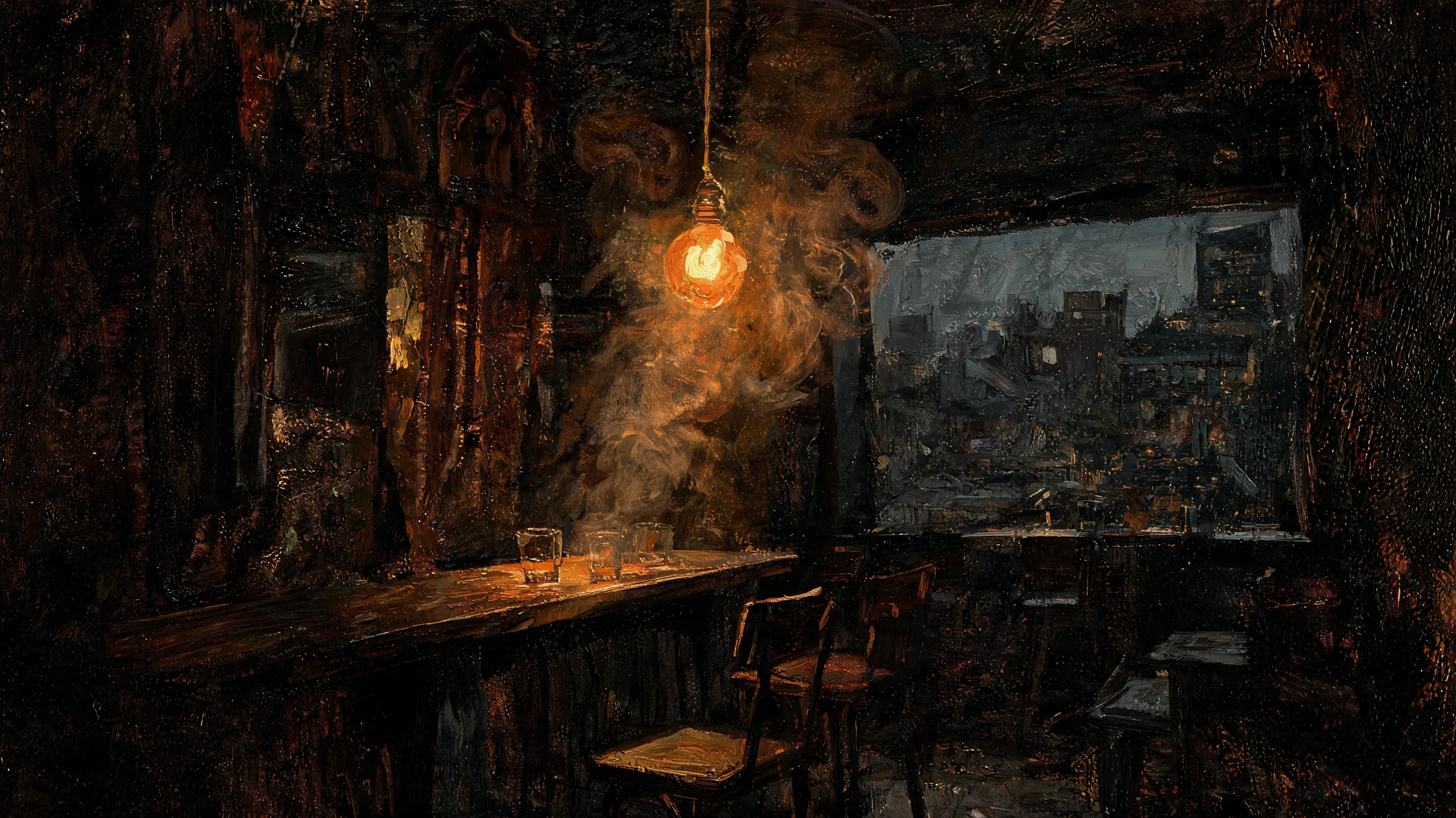 Interior of an old, smoky jazz bar in a derelict city, dimly lit by a single amber bulb, expressionist oil painting, rough visible brushstrokes, heavy chiaroscuro, dark and muted tones, somber atmosphere, hand-painted background, impasto technique