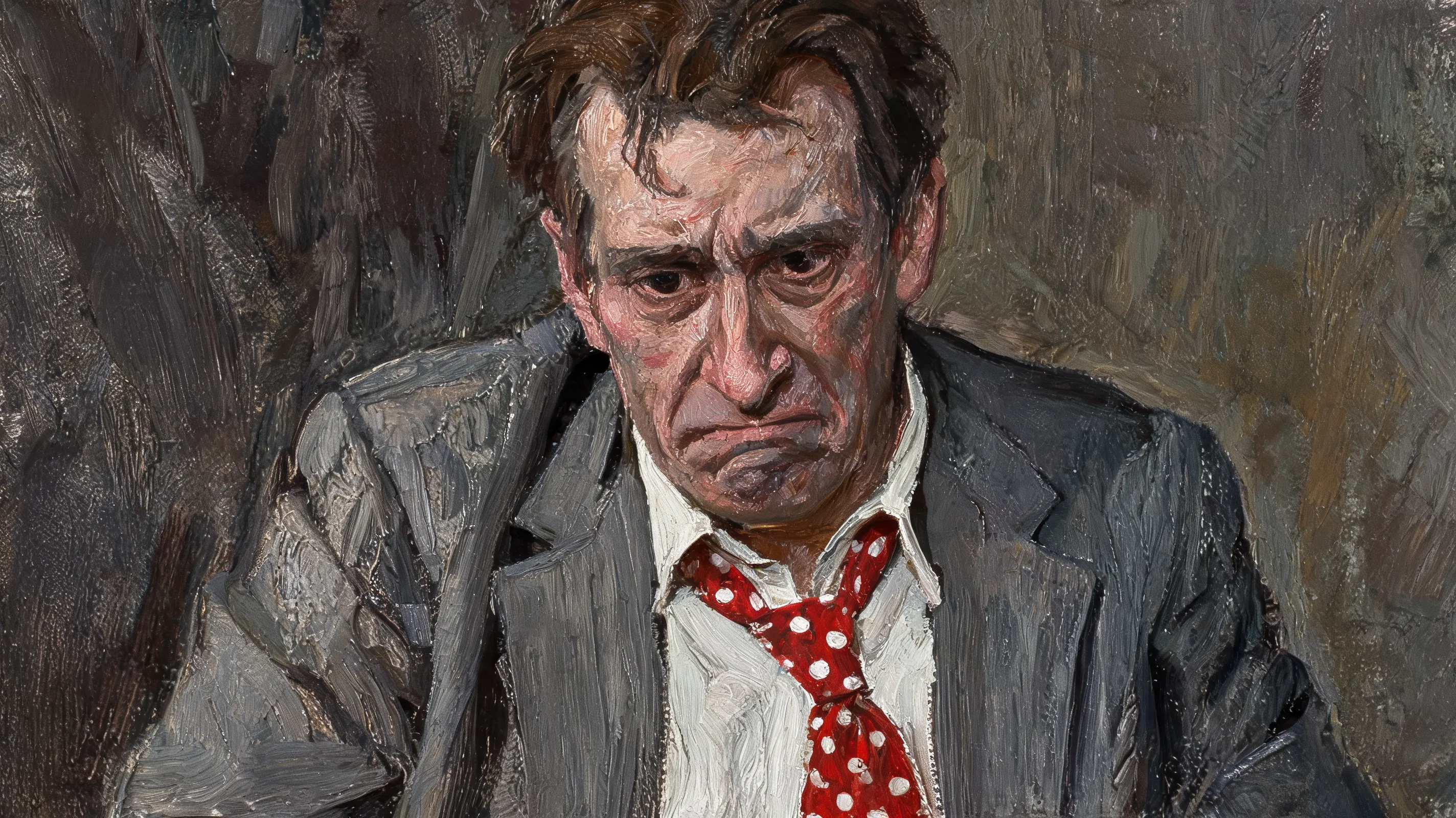 Portrait of a middle-aged man with a haunted expression, wearing a rumpled suit and a ridiculous tie, painterly style, expressionism, rough strokes, visible brushstrokes, rawness, internal struggle, cynicism, self-destruction, alcoholic, limited color palette, dark and muted tones, somber and melancholic atmosphere