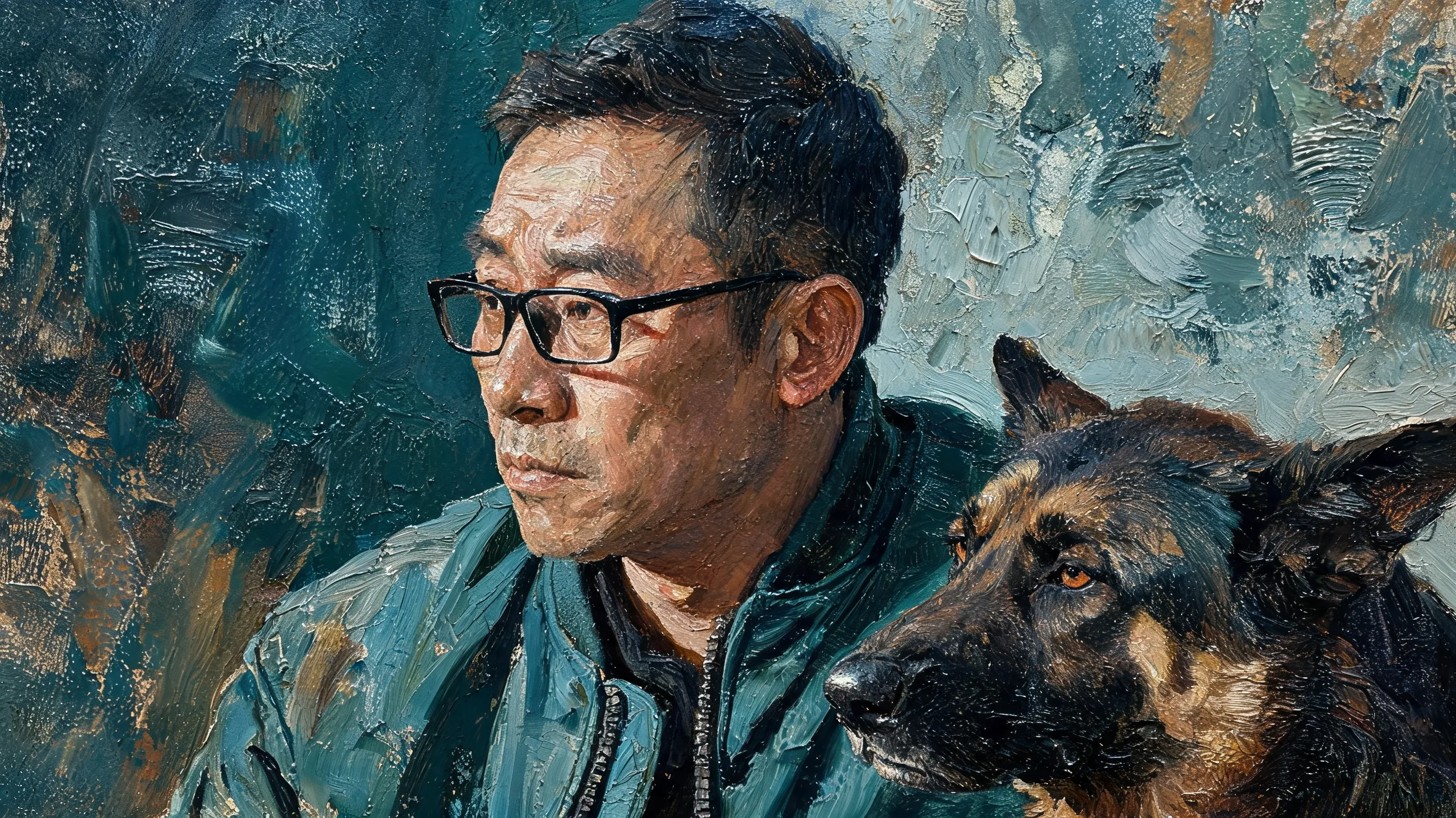 Portrait of a stoic Asian man in a bomber jacket, wearing glasses, looking sideways with quiet authority, oil painting, visible impasto, teal and dark amber palette, gritty texture, psychological depth, companion, loyalty, fatigue