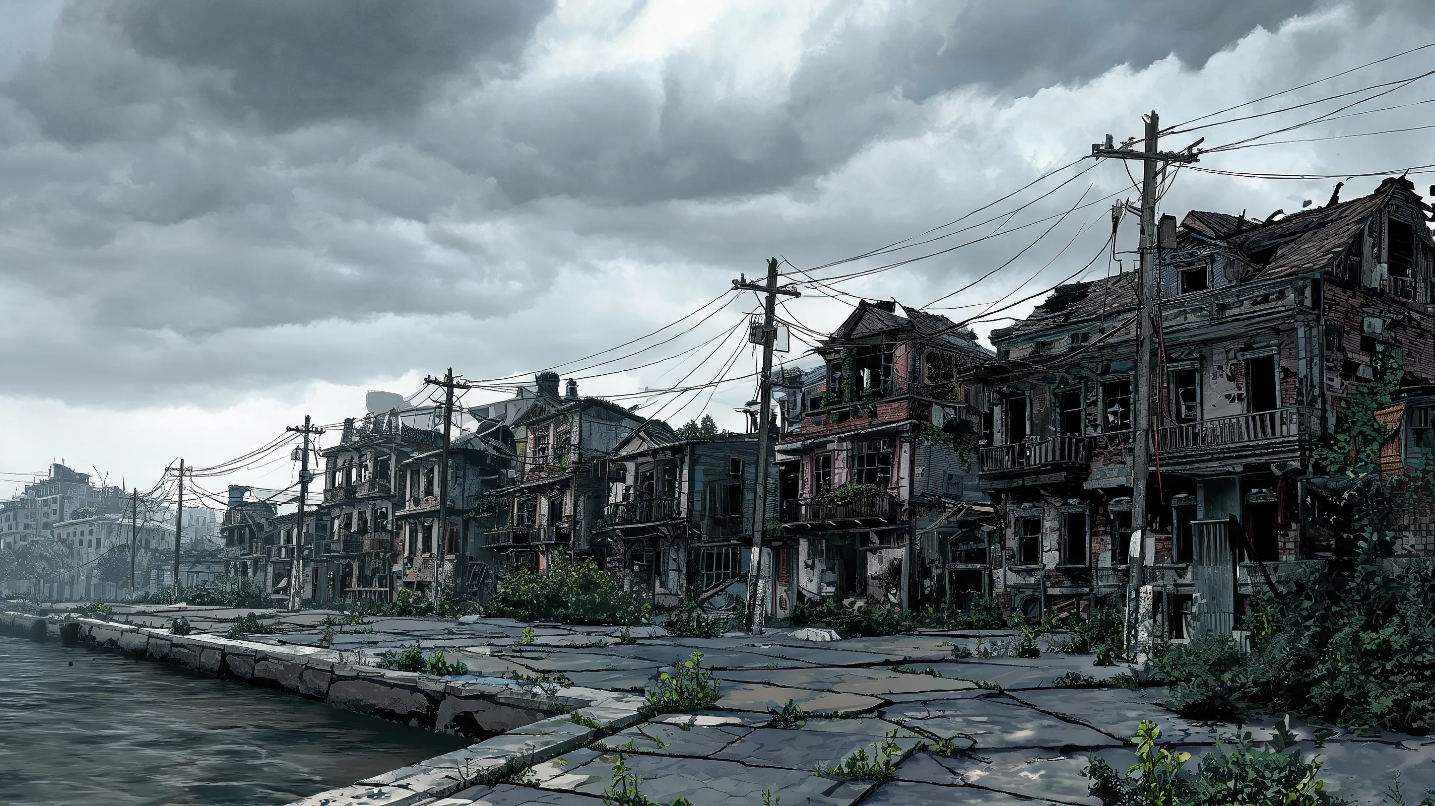 Wide shot of a dilapidated waterfront district, Revachol, broken buildings, tangled power lines, gray overcast sky, weeds growing through cracked pavement, expressionist landscape, jaggy lines, vivid but muted backgrounds, very detailed, melancholic atmosphere