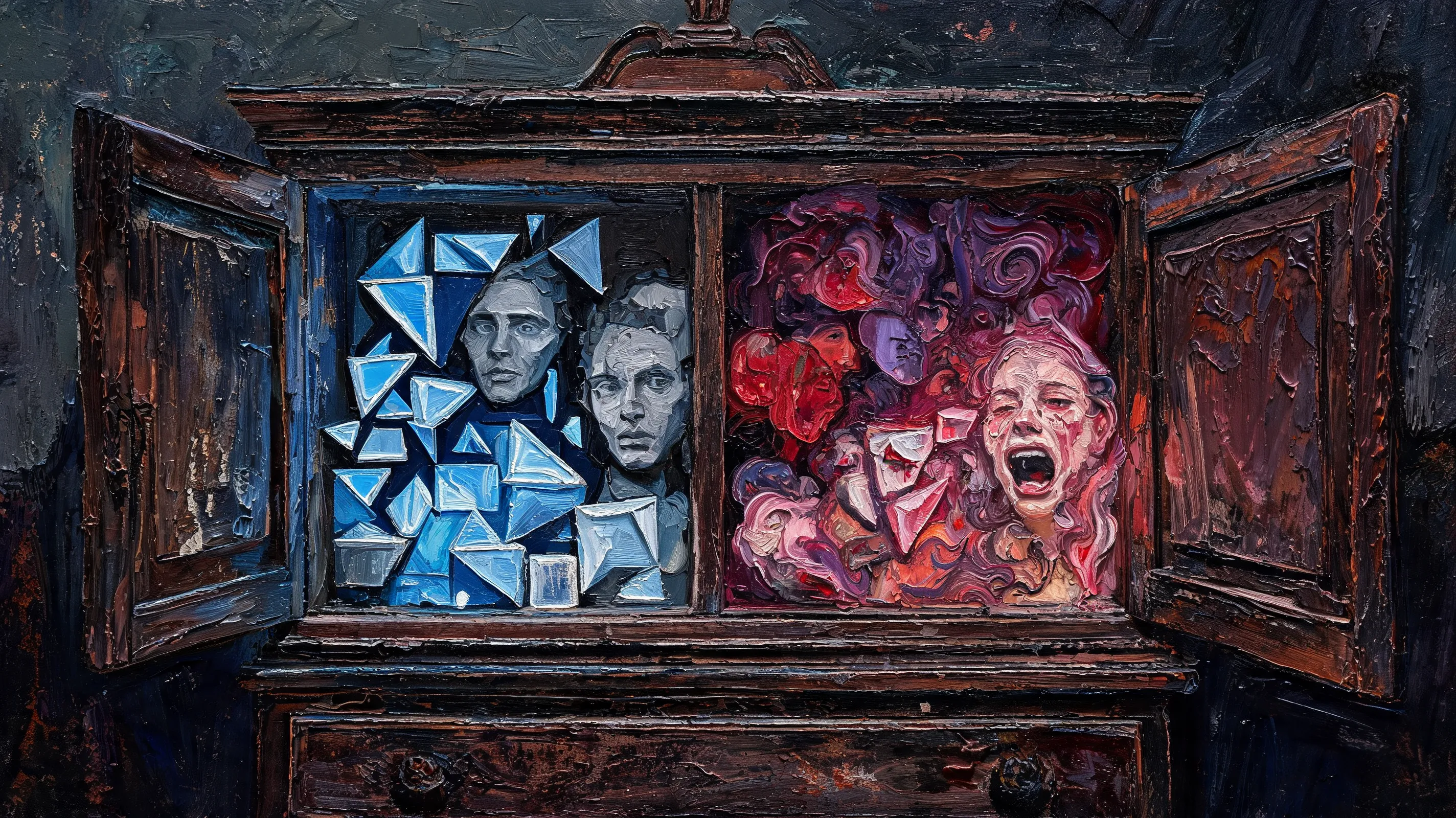 A surreal vision of a thought cabinet, abstract shapes representing logic and emotion, fragmented portraits, expressionist style, impasto oil painting, dark fantasy vibes, emotional and gritty, distorted features, intense psychological struggle
