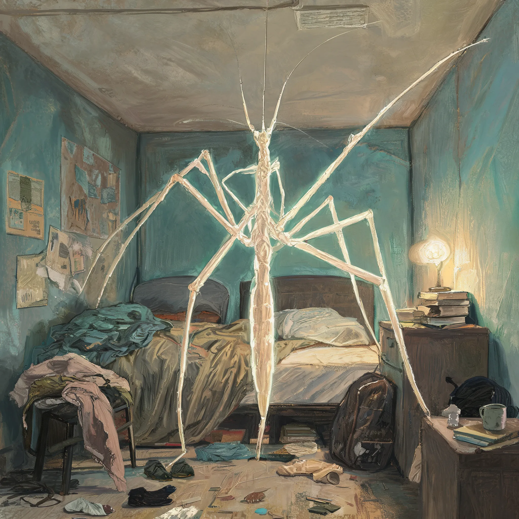 A giant, ethereal stick insect standing in a dimly lit, messy hostel room, viewed from a low angle, surreal, glowing softly, expressionist oil painting, rough visible brushstrokes, muted teal and sepia tones, mysterious, awe-inspiring, melancholic