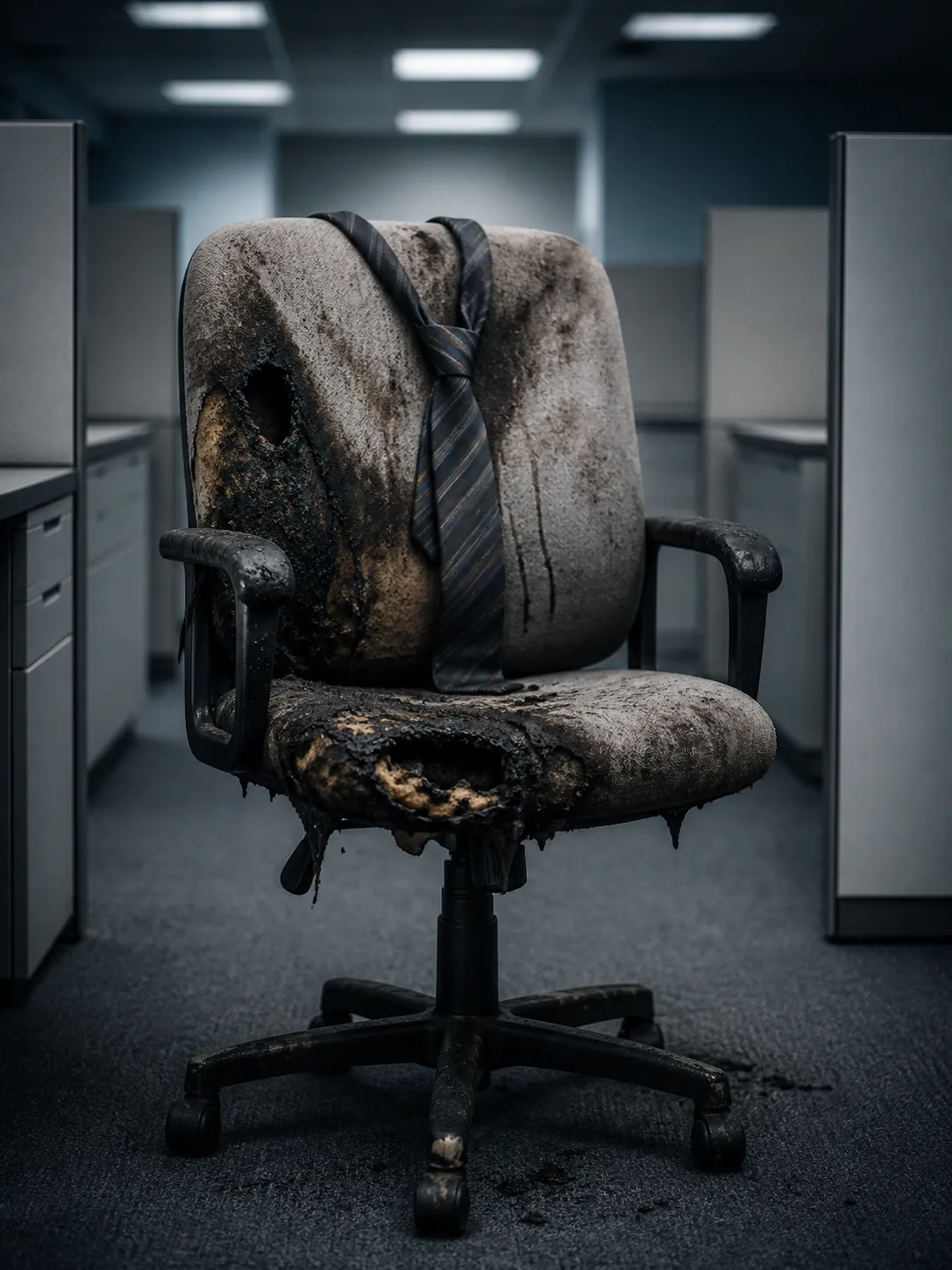 A surreal editorial portrait of an old office chair as if it were a burned-out corporate employee, slightly slumped posture, loosened tie draped over the backrest, coffee stains, fluorescent office lighting, empty cubicle background, cinematic studio composition, dark humor, sophisticated object portrait, no human face, no text, no logo, no watermark Negative prompt: cute cartoon, smiling face, human body, readable text, messy office, low quality, blurry, watermark --ar 3:4
