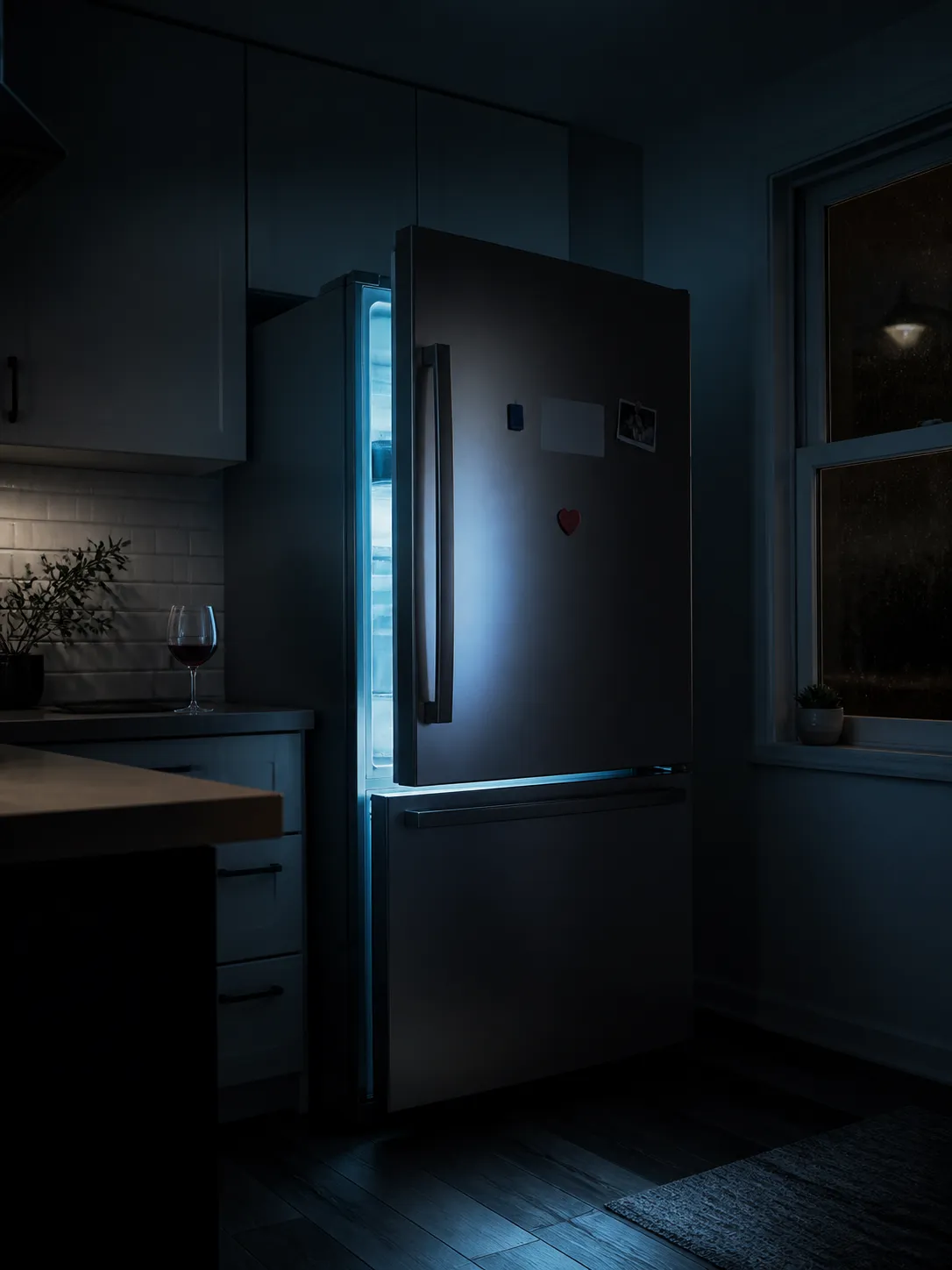A surreal editorial portrait of a lonely refrigerator as if it were recently divorced, standing alone in a dim kitchen, one magnet missing leaving a clean rectangle, half-open door with cold blue light, single wine glass on the counter, quiet dramatic mood, cinematic photography, strange but tasteful humor, no human face, no text, no logo, no watermark Negative prompt: cute, cartoon eyes, human limbs, gore, dirty kitchen, readable brand labels, blurry, low quality, watermark --ar 3:4