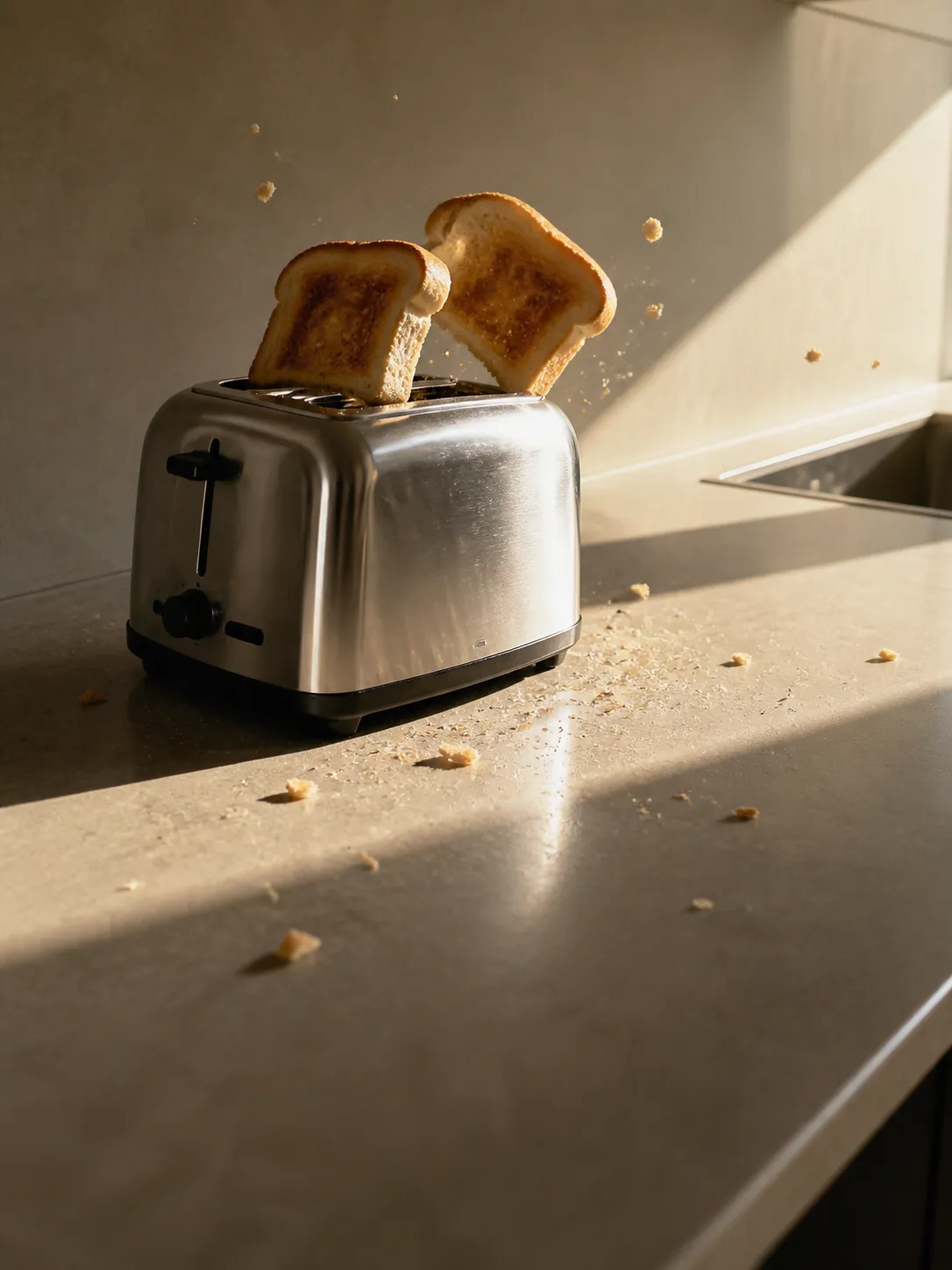 A surreal editorial portrait of a nervous toaster as if it were having a panic attack before breakfast, toast slices half-jumped out, dramatic crumbs, harsh morning sunlight, oversized kitchen counter space, tense cinematic composition, darkly funny object character, premium editorial photography, no face, no text, no logo, no watermark Negative prompt: cute cartoon face, human arms, messy clutter, burnt fire, readable brand logo, blurry, low quality, text, watermark --ar 3:4