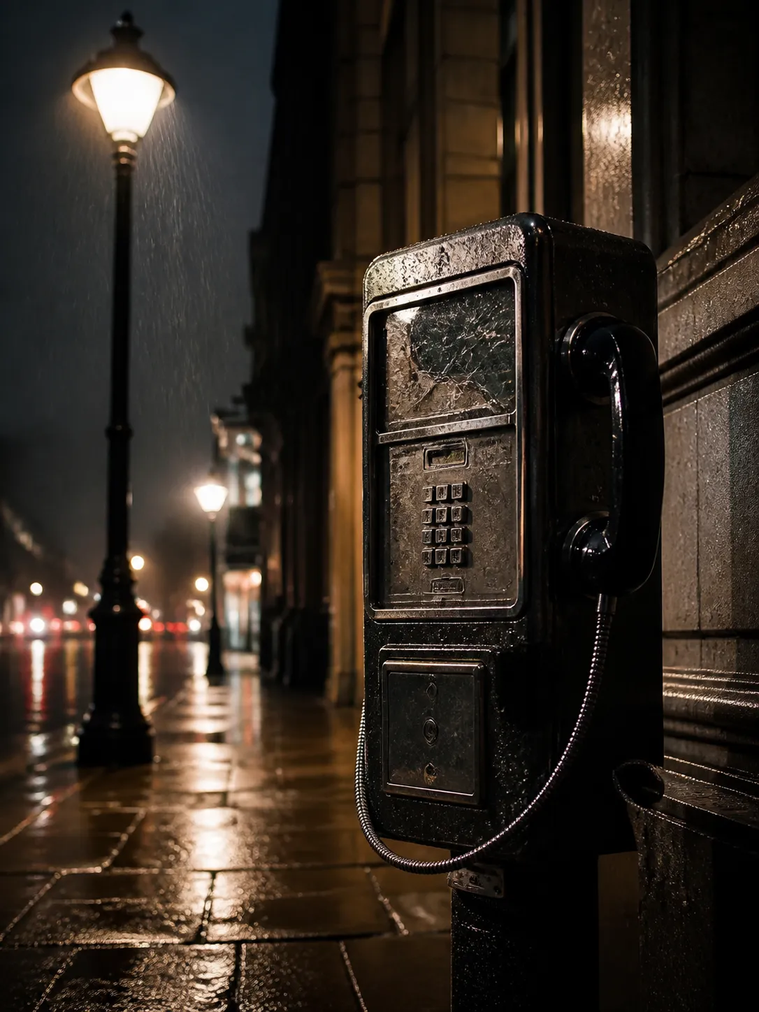 A surreal editorial portrait of an old payphone as if it were a retired celebrity, standing under a streetlight at night, cracked glass, polished receiver, rain on metal, empty urban sidewalk, glamorous but forgotten atmosphere, cinematic noir photography, sophisticated object-as-character portrait, no human face, no text, no logo, no watermark Negative prompt: cute, cartoon, human body, readable graffiti, brand logos, blurry, low quality, messy scene, watermark --ar 3:4