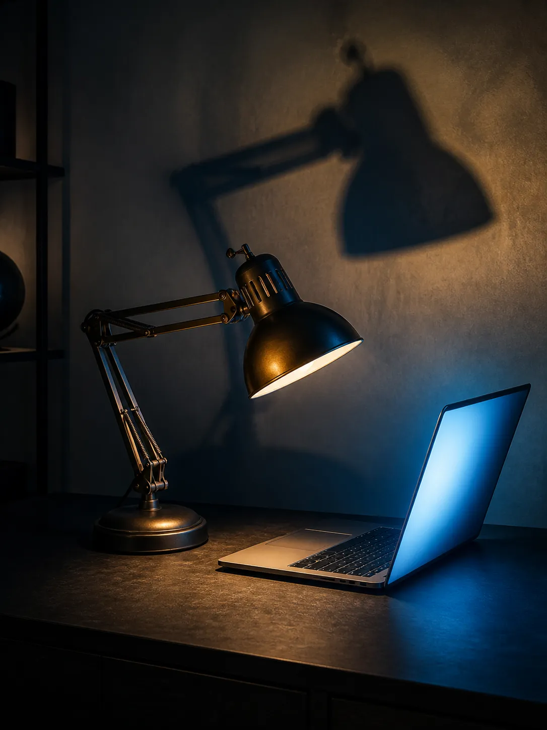 A surreal editorial portrait of a desk lamp as if it were jealous of a laptop screen, lamp leaning toward the glowing laptop, dramatic shadow like body language, dark modern desk, cold blue and warm amber lighting contrast, elegant psychological comedy, cinematic studio photography, no face, no text, no logo, no watermark Negative prompt: cute face, cartoon style, human limbs, readable text on laptop, messy cables, blurry, low quality, watermark --ar 3:4