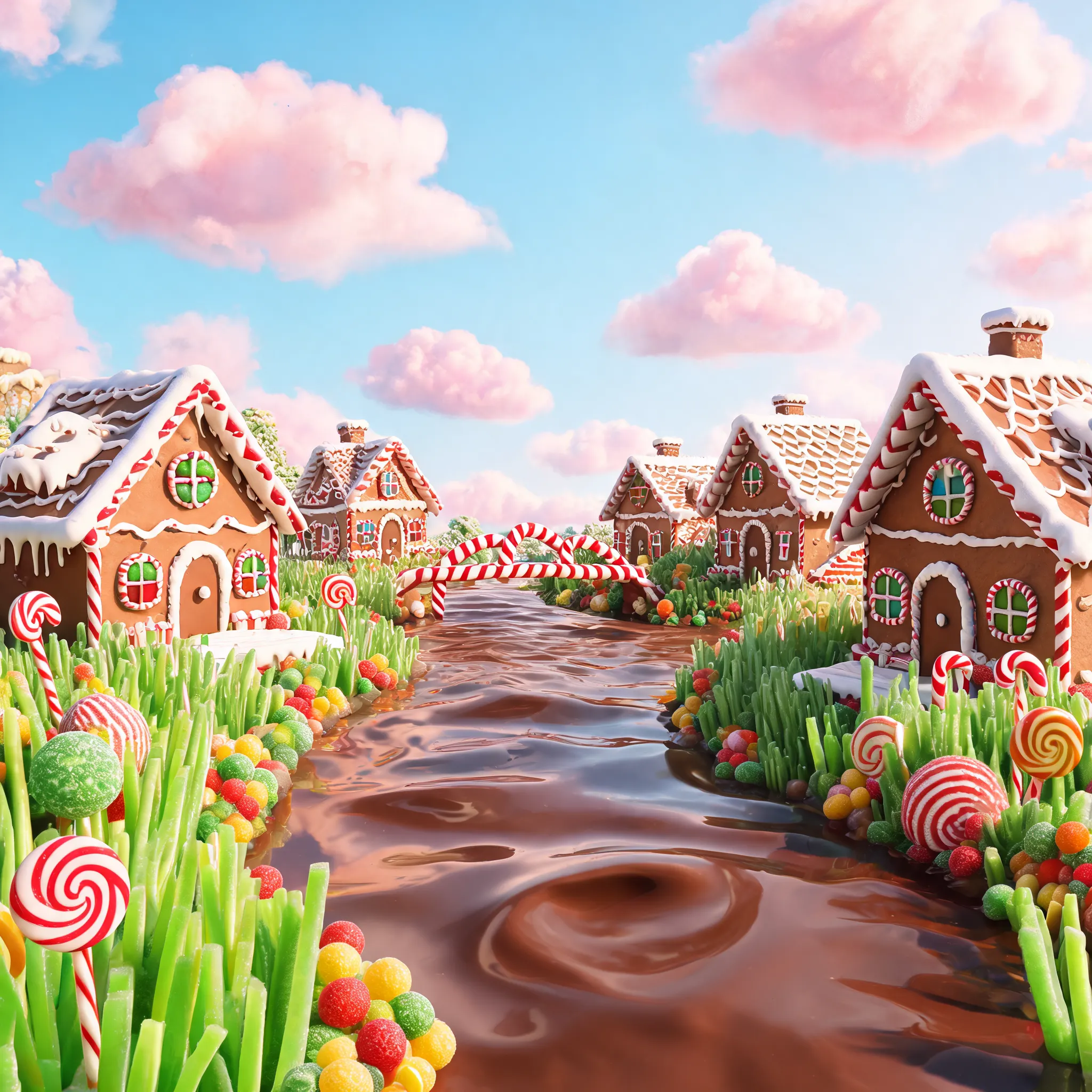 A fantastical world made of candies and desserts, chocolate rivers, cotton candy clouds, and gingerbread houses