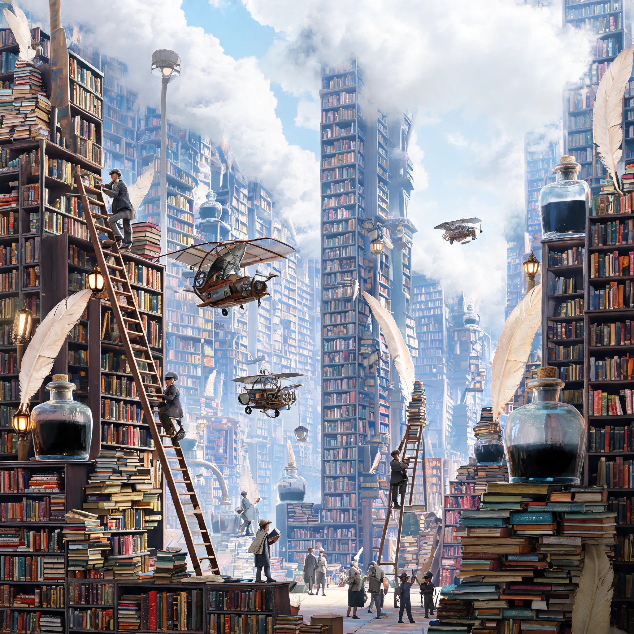 An enormous library with bookshelves reaching the clouds, tiny human scholars moving about on ladders and flying contraptions, decorated with giant quills and ink bottles.
