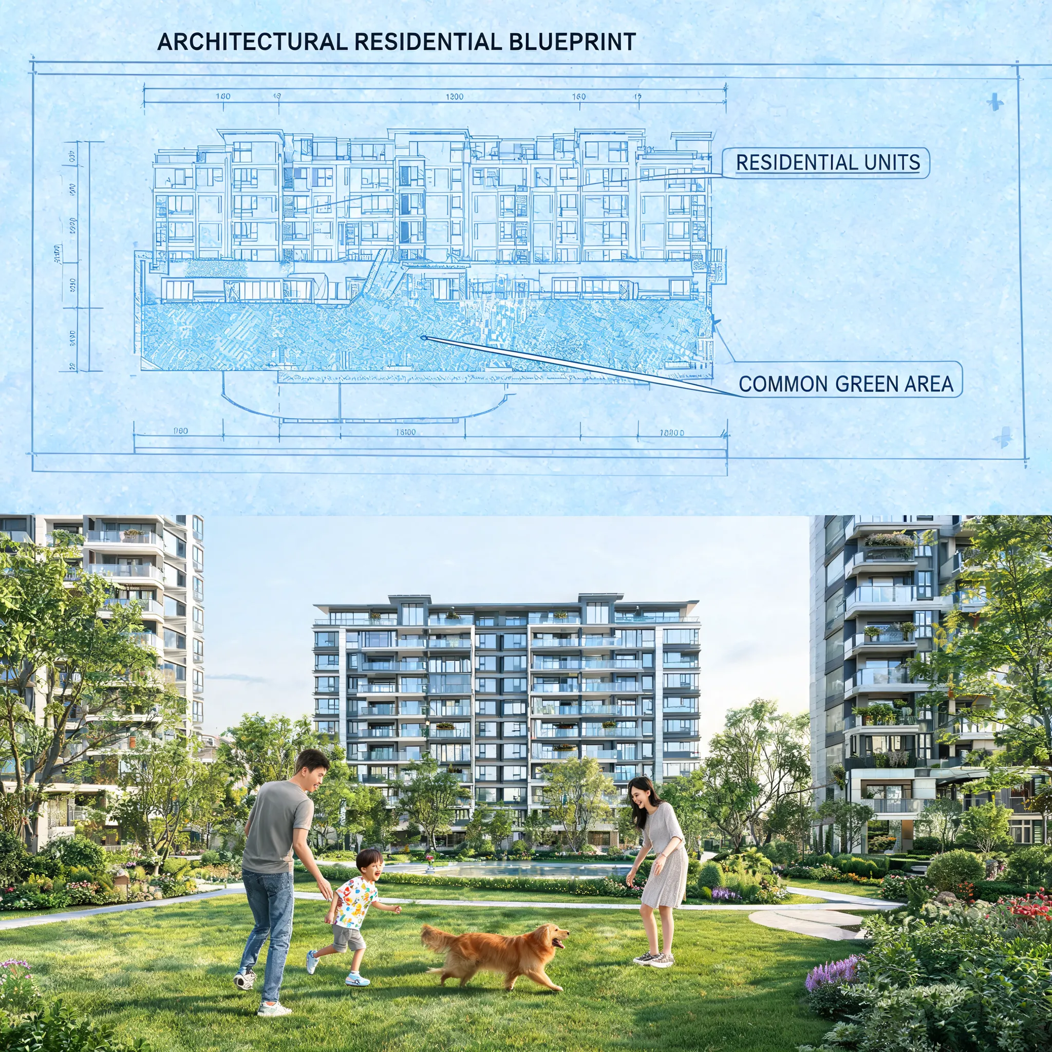 Modern residential buildings, green community, family scenes, architectural blueprints