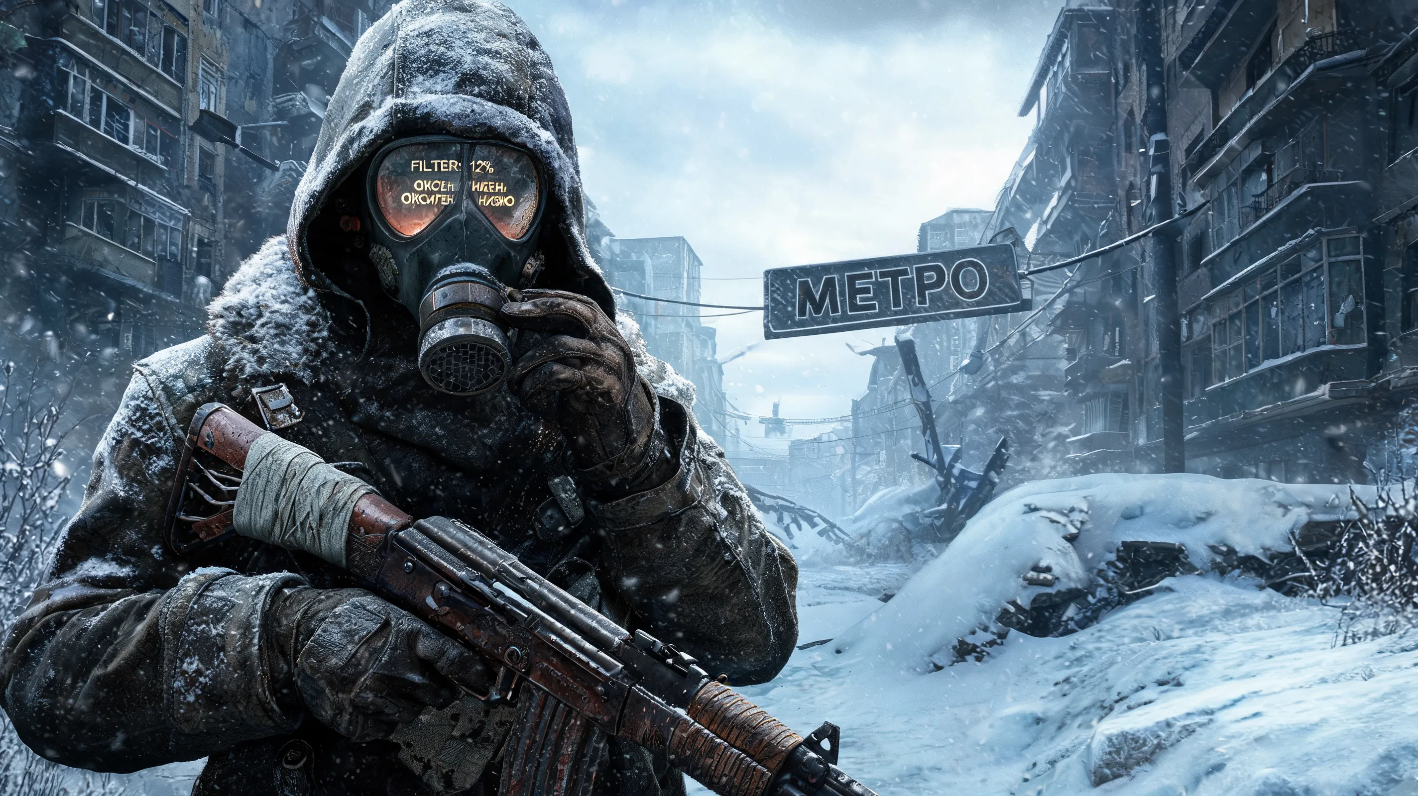 Describe the oppressive, claustrophobic atmosphere of the Russian winter wasteland in Metro Exodus, focusing on the visceral survival mechanics like gas mask maintenance and weapon degradation