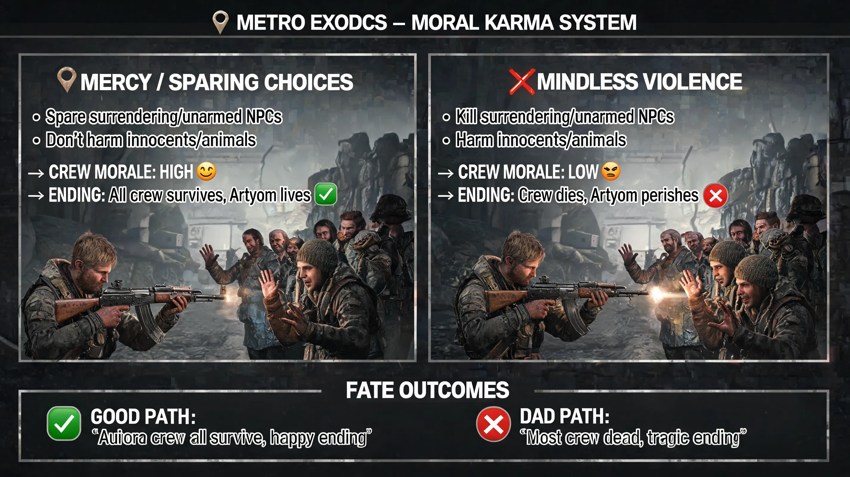 Explain the moral point system in Metro Exodus, how killing certain NPCs versus showing mercy affects the story, and the consequences of "mindless violence" on the crew's fate