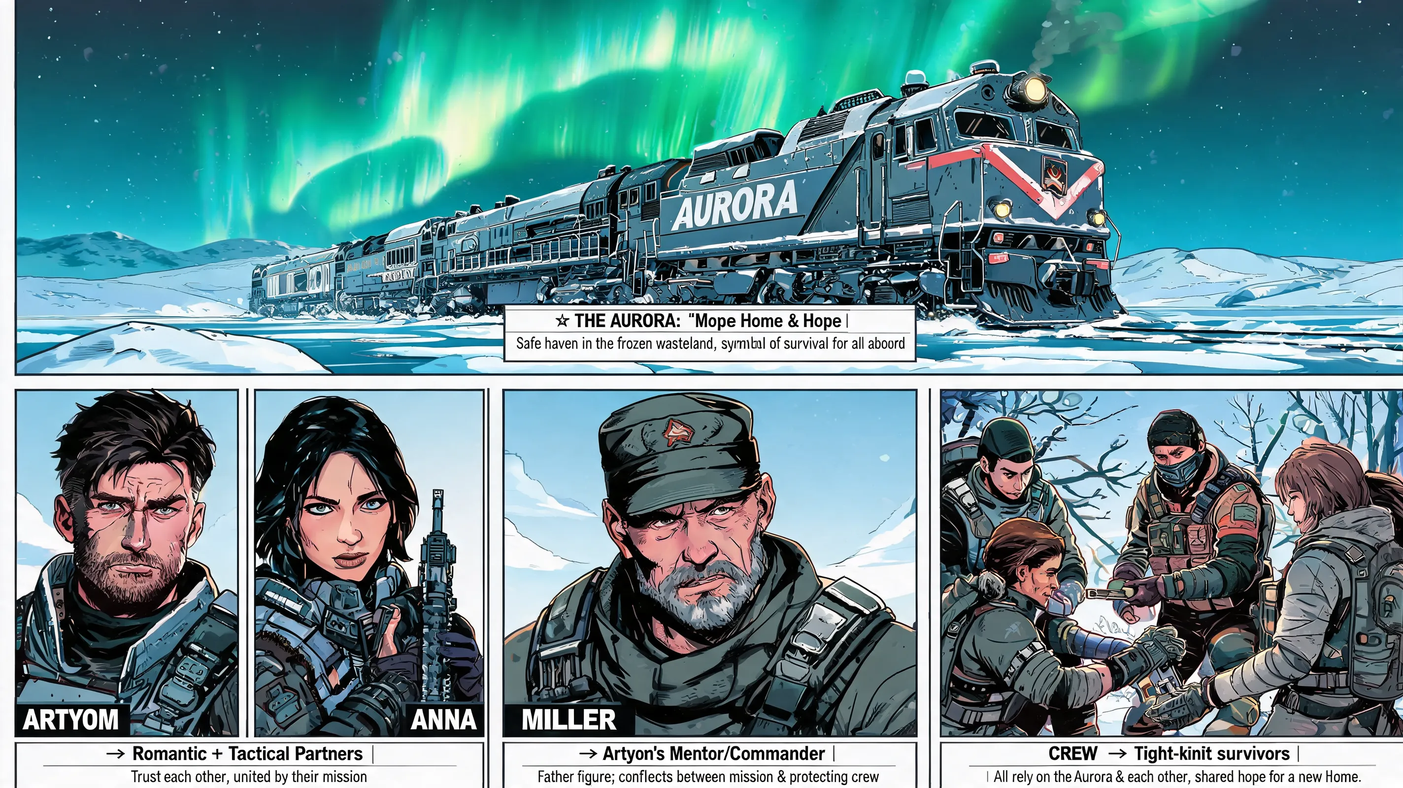 Analyze the significance of the train, the Aurora, as a mobile home and symbol of hope, and detail the complex relationships between Artyom, Anna, Miller, and the rest of the crew