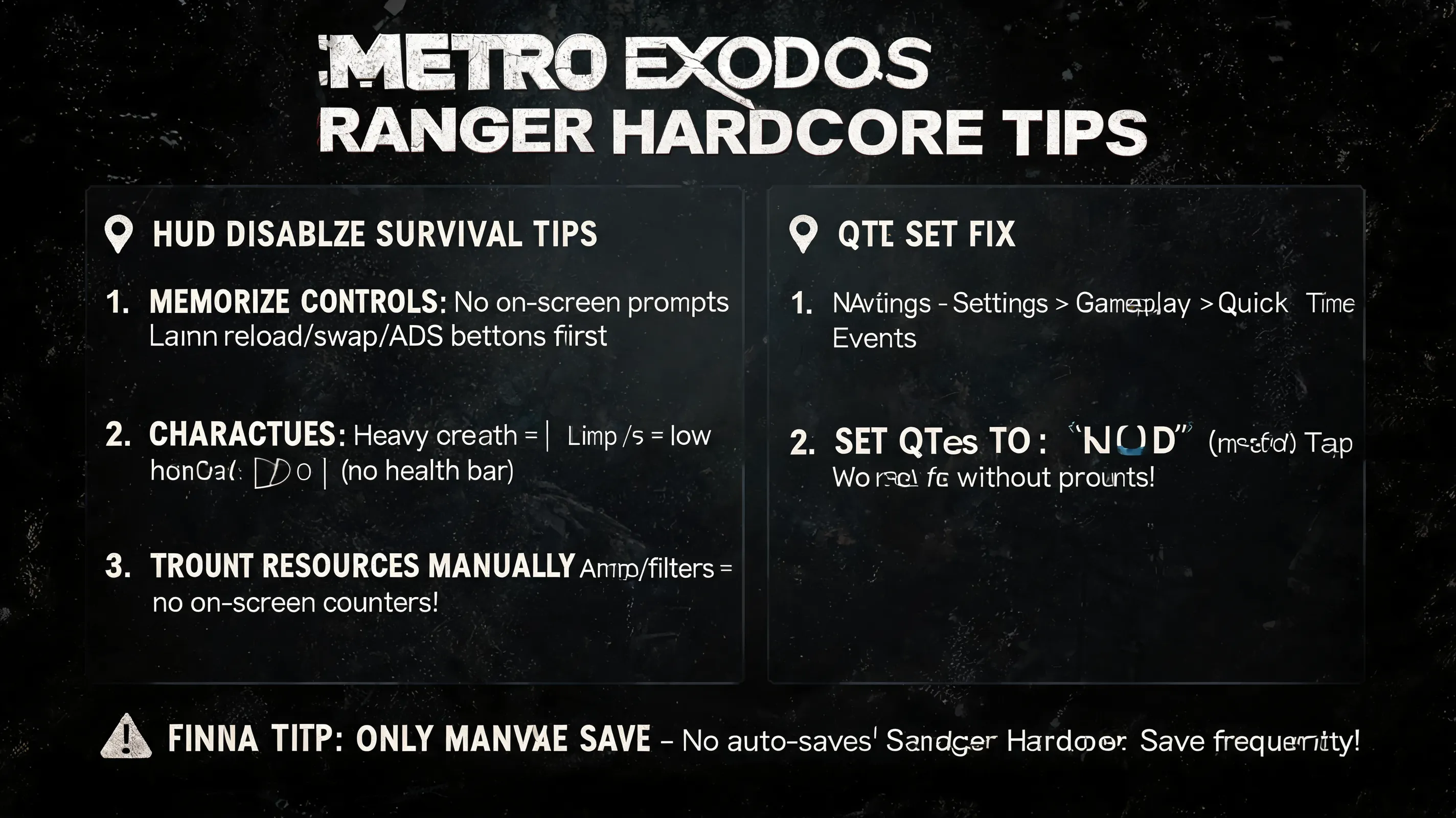Provide tips for playing Metro Exodus on Ranger Hardcore mode, specifically how to survive without on-screen HUD or button prompts, and alternatives like changing QTE settings to "Hold"