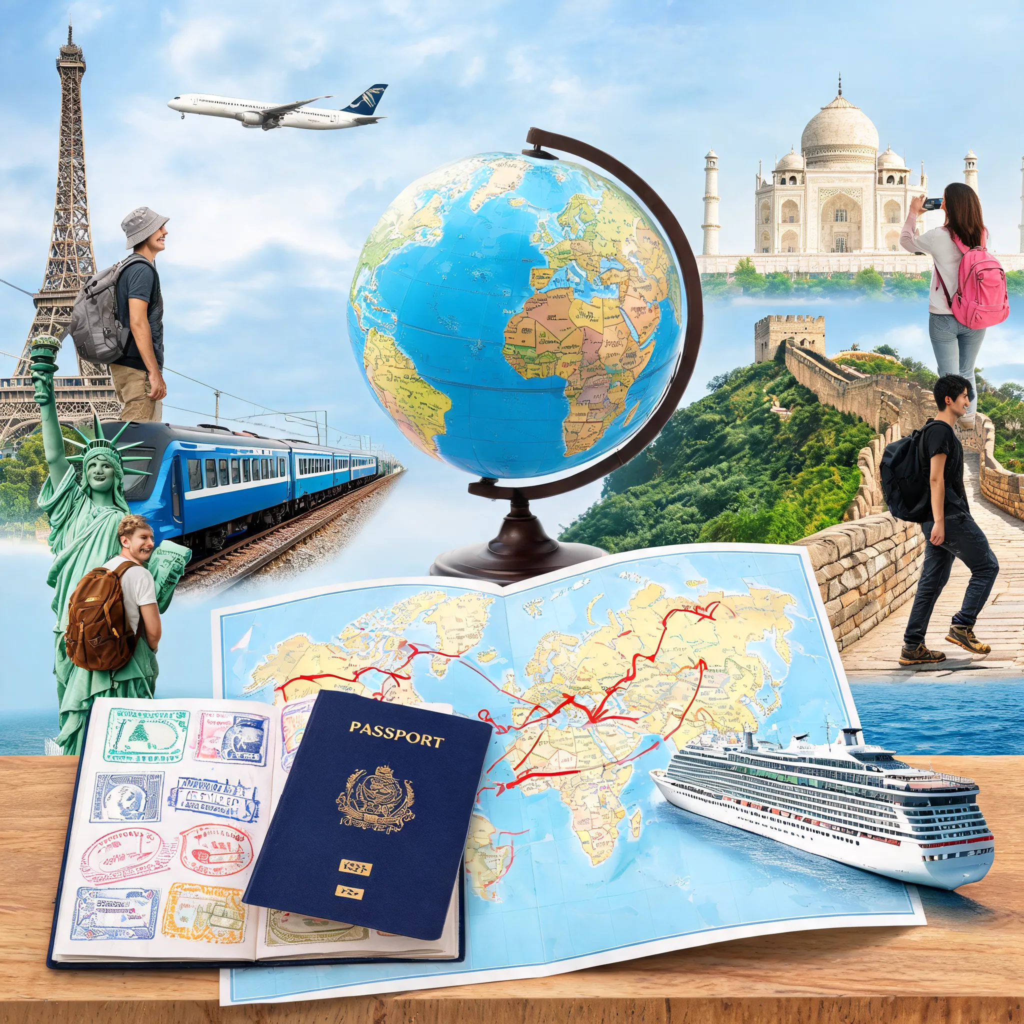 Globe, famous landmarks, backpackers, various transportation, passport and map