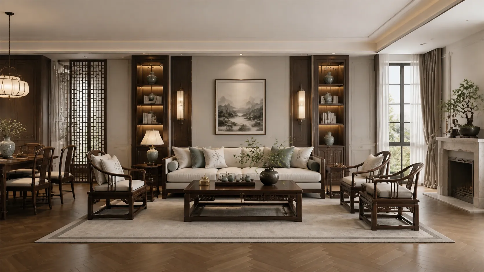 Generate a Chinese Style living room interior.
