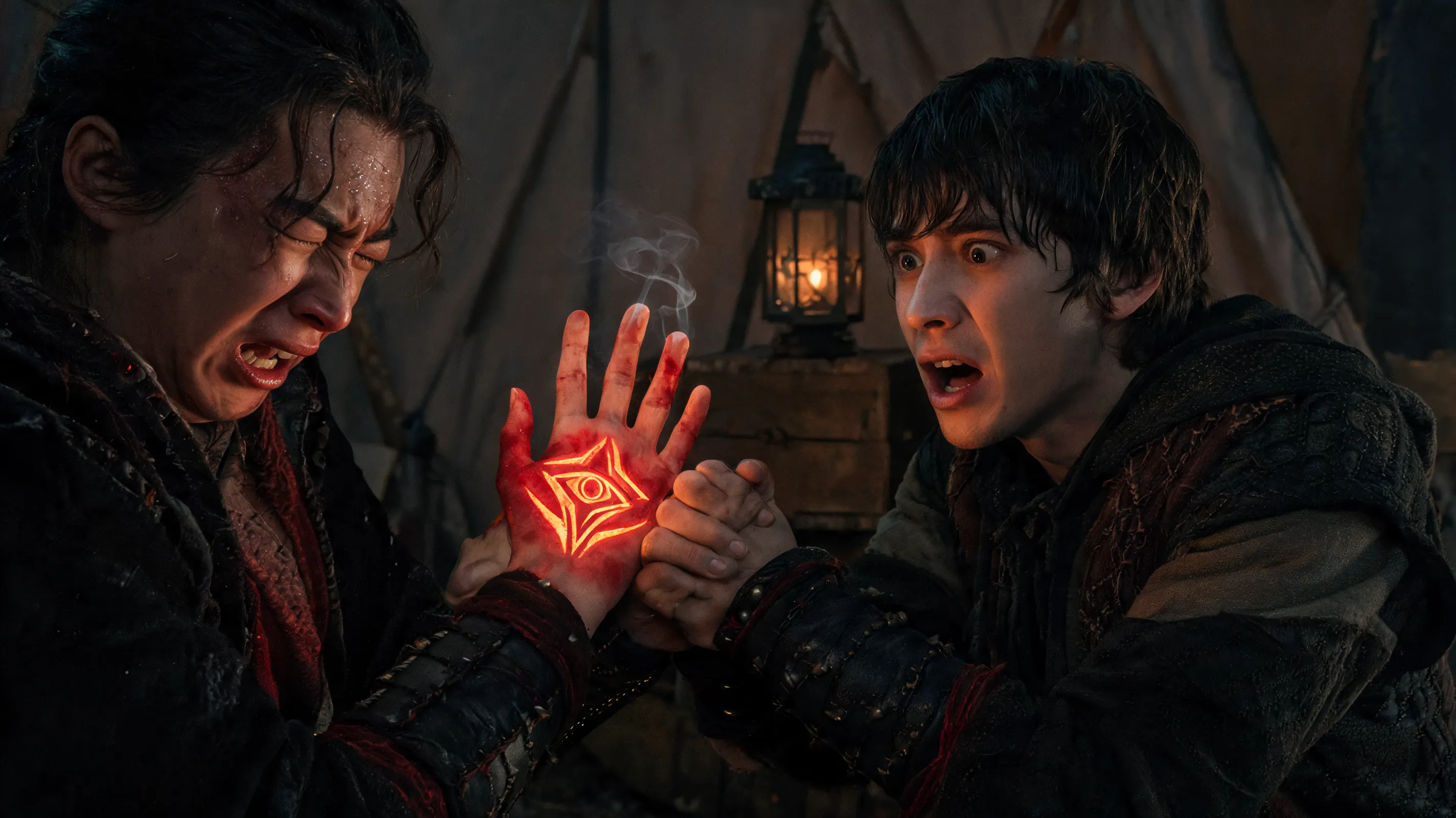 A Cult of the Absolute convert hides a secret, and their branded palm is starting to burn. Write the scene where a companion discovers the mark—and the lie they've been telling crumbles.