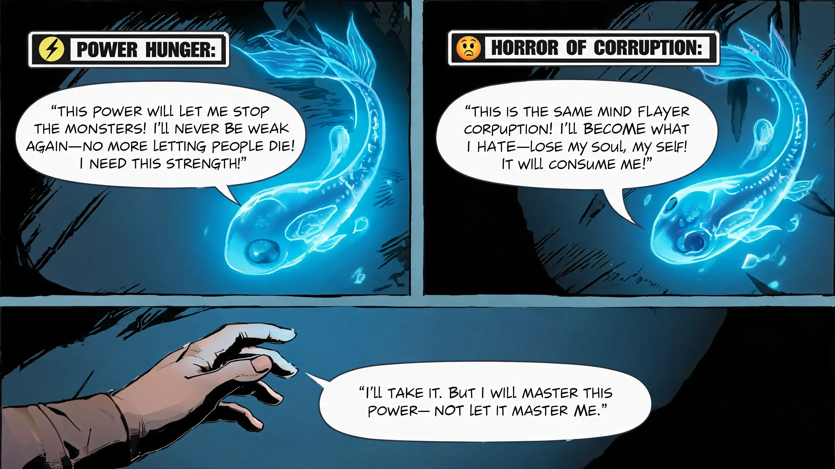 Your character is offered the Astral-Touched Tadpole by the Dream Guardian. Write the internal debate that follows—the hunger for power versus the horror of becoming what they hate. Do they take it?