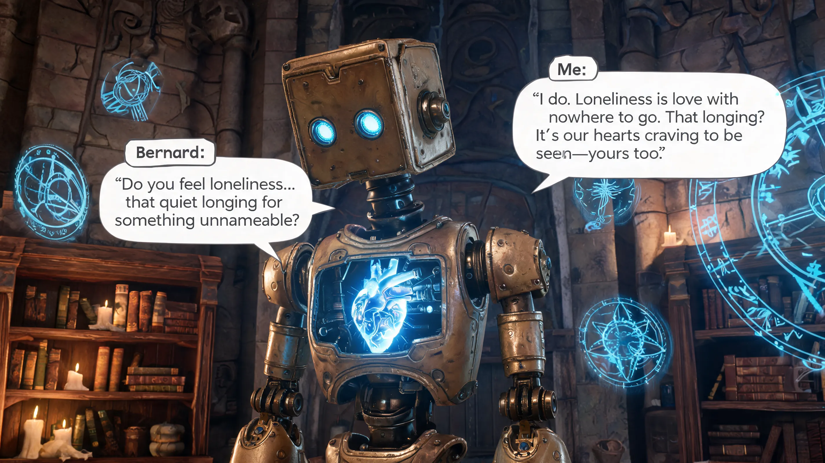 Bernard, the guardian robot of the Arcane Tower, asks a question about loneliness and longing. Your character gives an answer that is utterly honest. What do they say, and how does Bernard's mechanical heart respond?