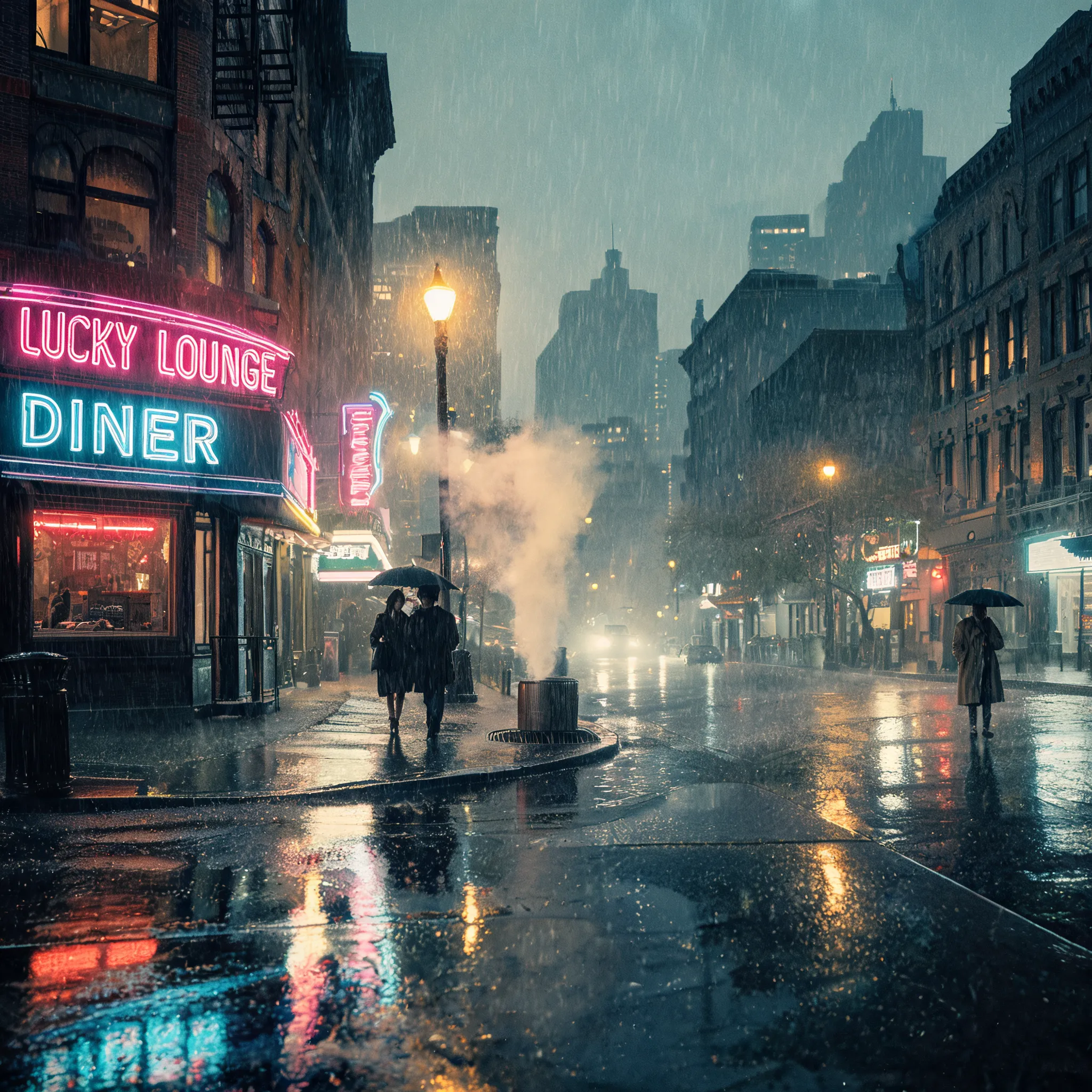 A city street after rain in film style